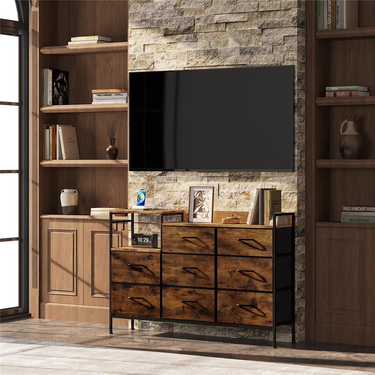 KOMMODE 8 Schubladen mit Ladestation Sideboard 132x88x30 cm - Braun, Metall (132/88/30cm) - Kaket