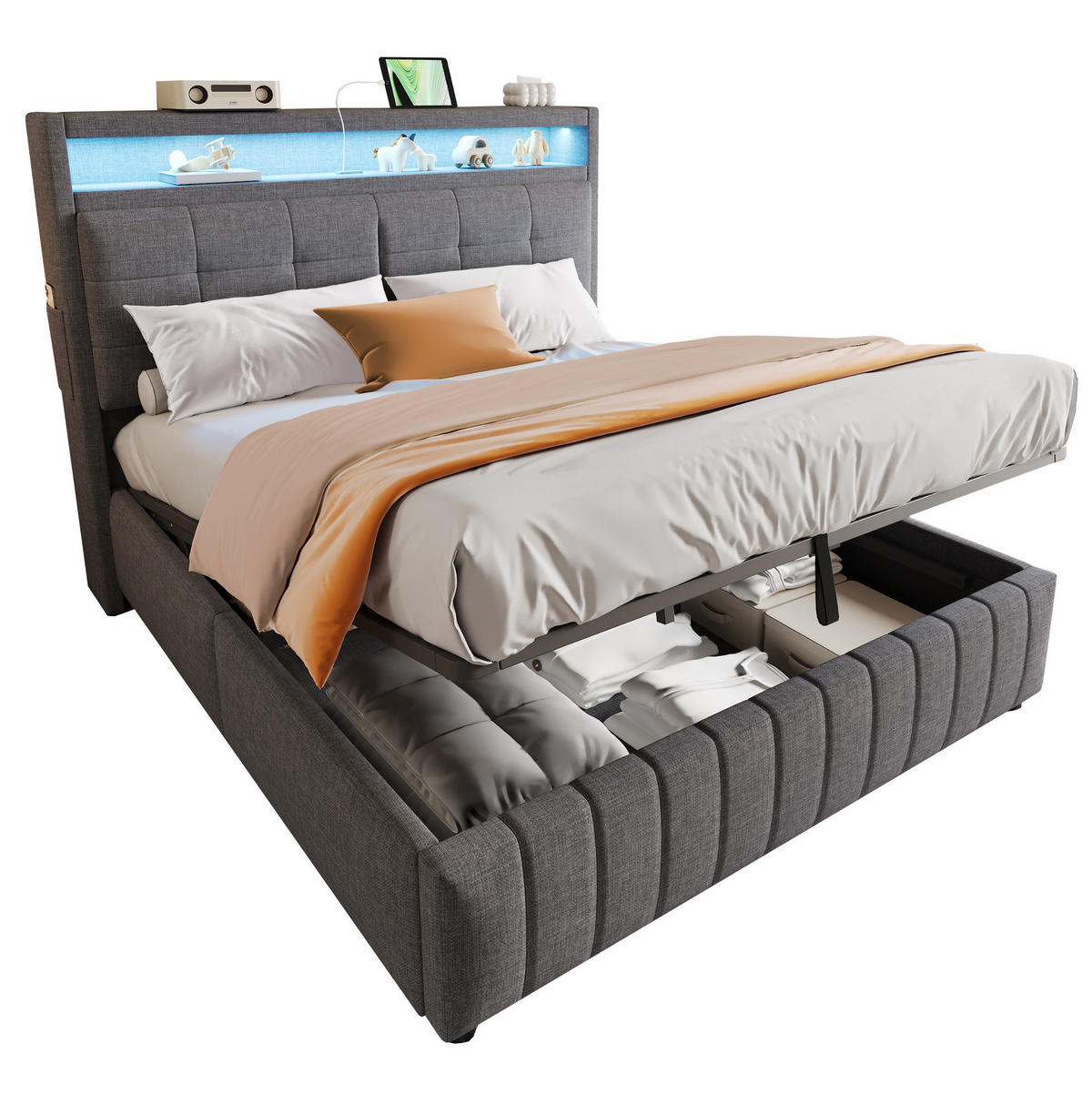 POLSTERBETT 160/200 cm mit LED-Beleuchtung, USB-Anschluss und hydraulischem Stauraum, Leinenbezug, Grau - Grau, Textil (160/200cm) - Redom