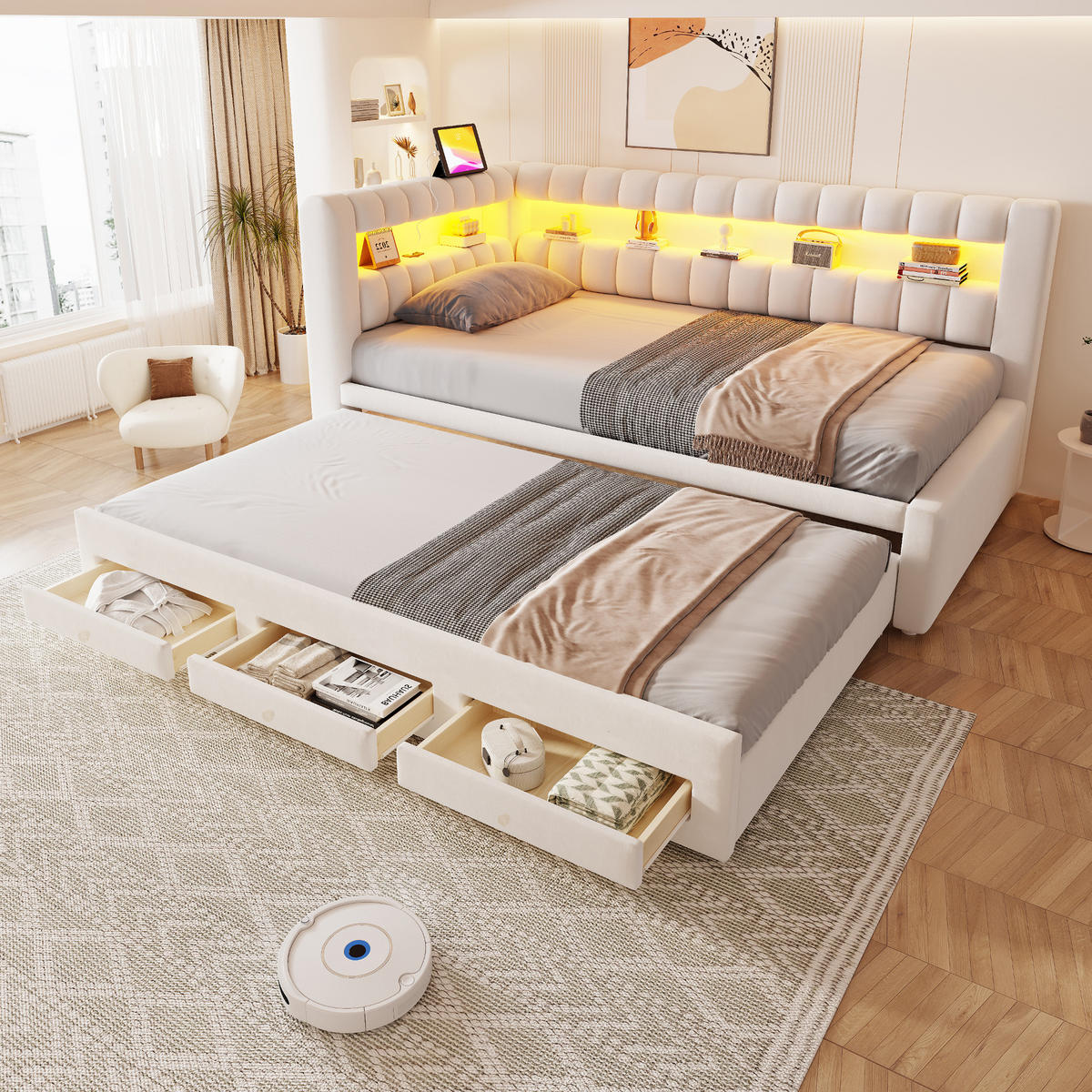 AUSZIEHBETT 90/190 cm mit LED und USB, DE-41714, in Beige - Beige, Holzwerkstoff (90/190cm) - ComfortXL