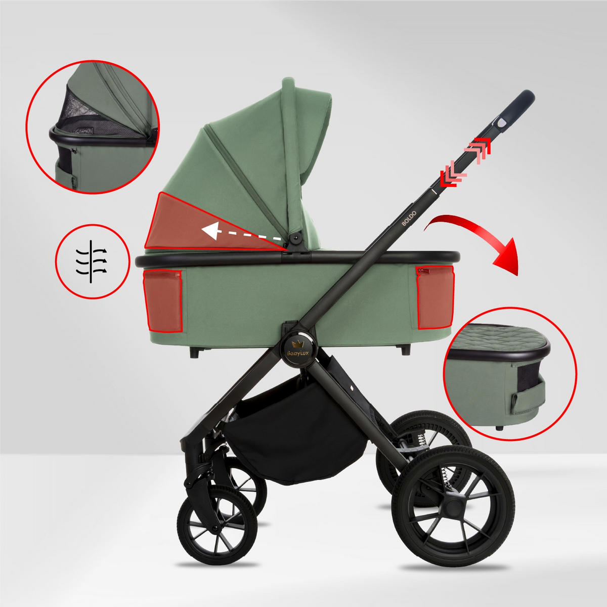 KINDERWAGEN Boldo 4in1 Grau Babywanne, Reisebuggy, Autositz, Isofix Basis - Schwarz/Grün, Textil/Metall (58/98cm) - BabyLux