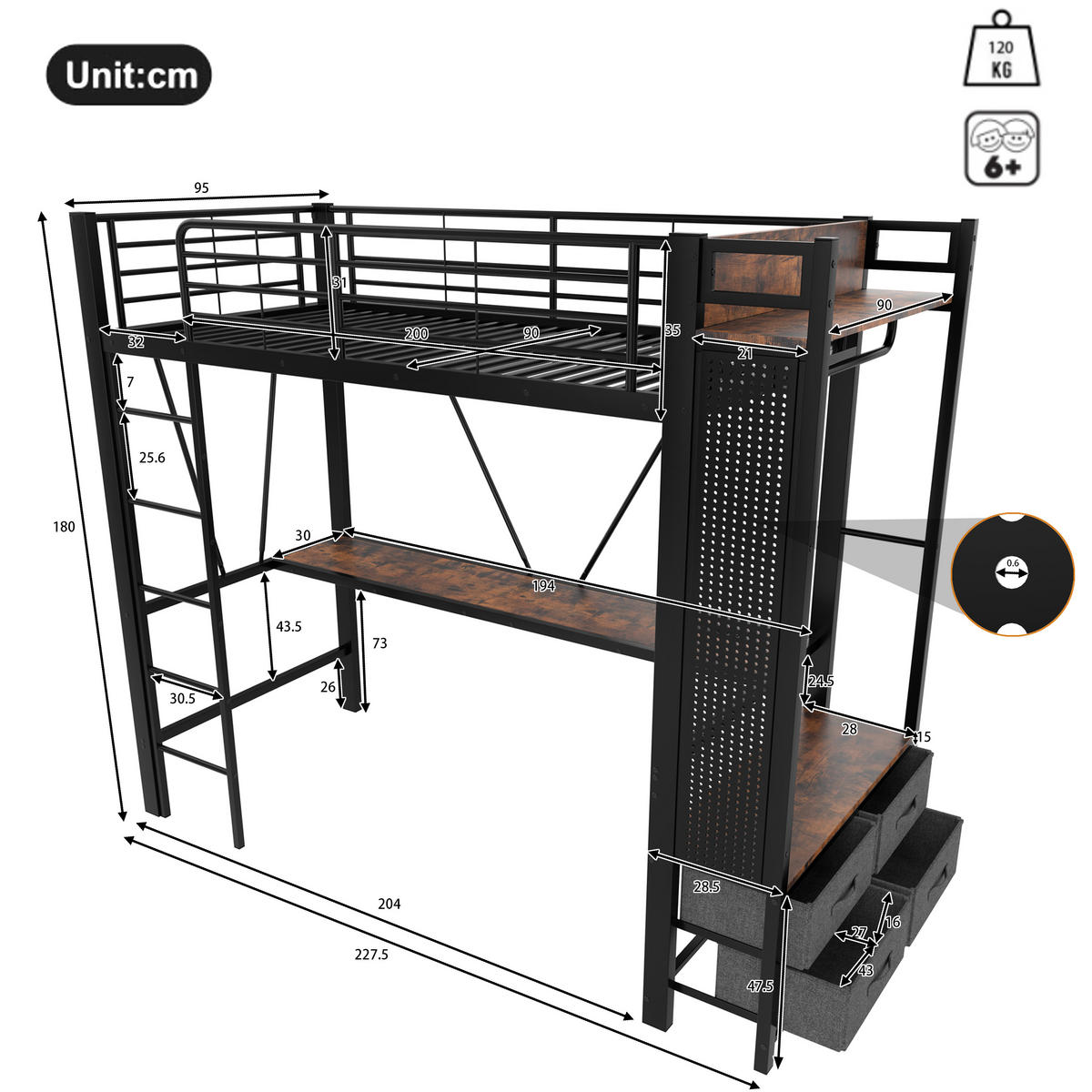 HOCHBETT 90/200 cm Schwarz mit Schreibtisch und LED-Beleuchtung - Schwarz, Metall (90/200cm) - OKWISH