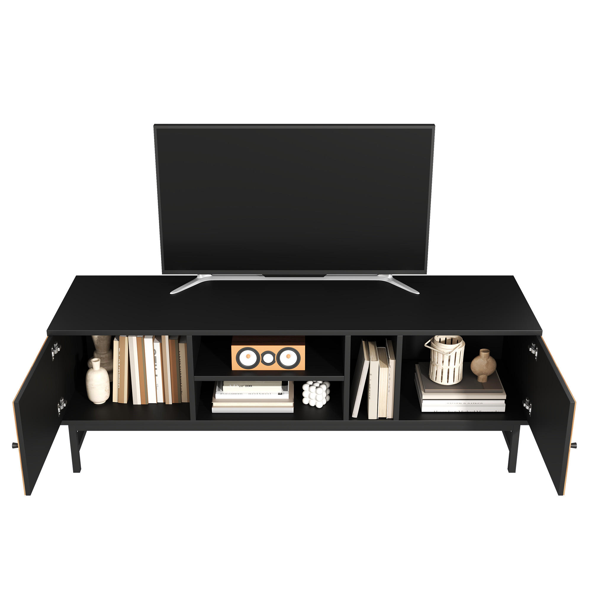 LOWBOARD in Schwarz und Naturfarben TV-Schrank mit vielseitigem Stauraum für Wohnzimmer, B150/T38/H55 cm - Schwarz/Naturfarben, Holzwerkstoff/Metall (150/55/38cm) - STILVORA