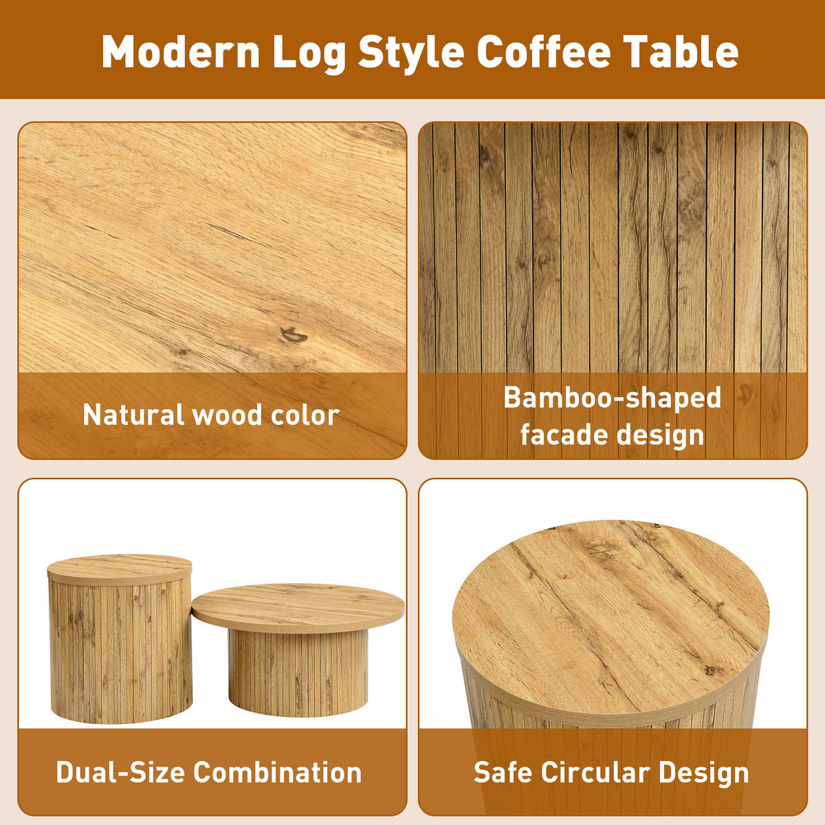 COUCHTISCH rund 2er Set Holzlatten - Naturfarben, Holz (75/75/36cm) - LEBENLANG