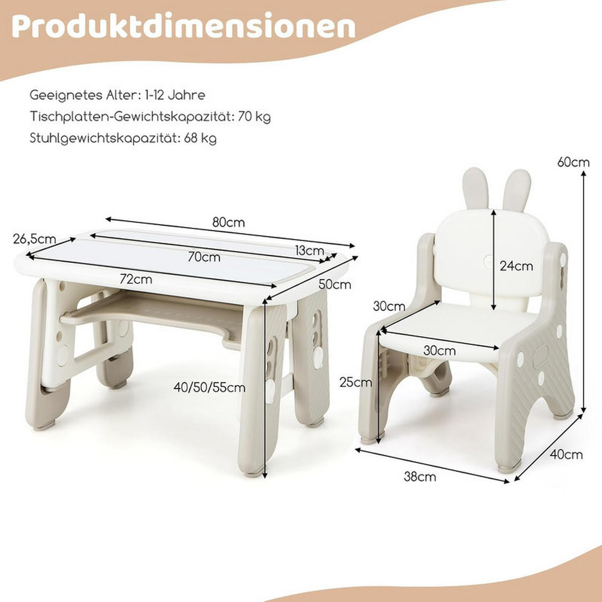 KINDERTISCH mit Stuhl grau(2-tlg) - Grau, Kunststoff (80/40/50cm) - COSTWAY