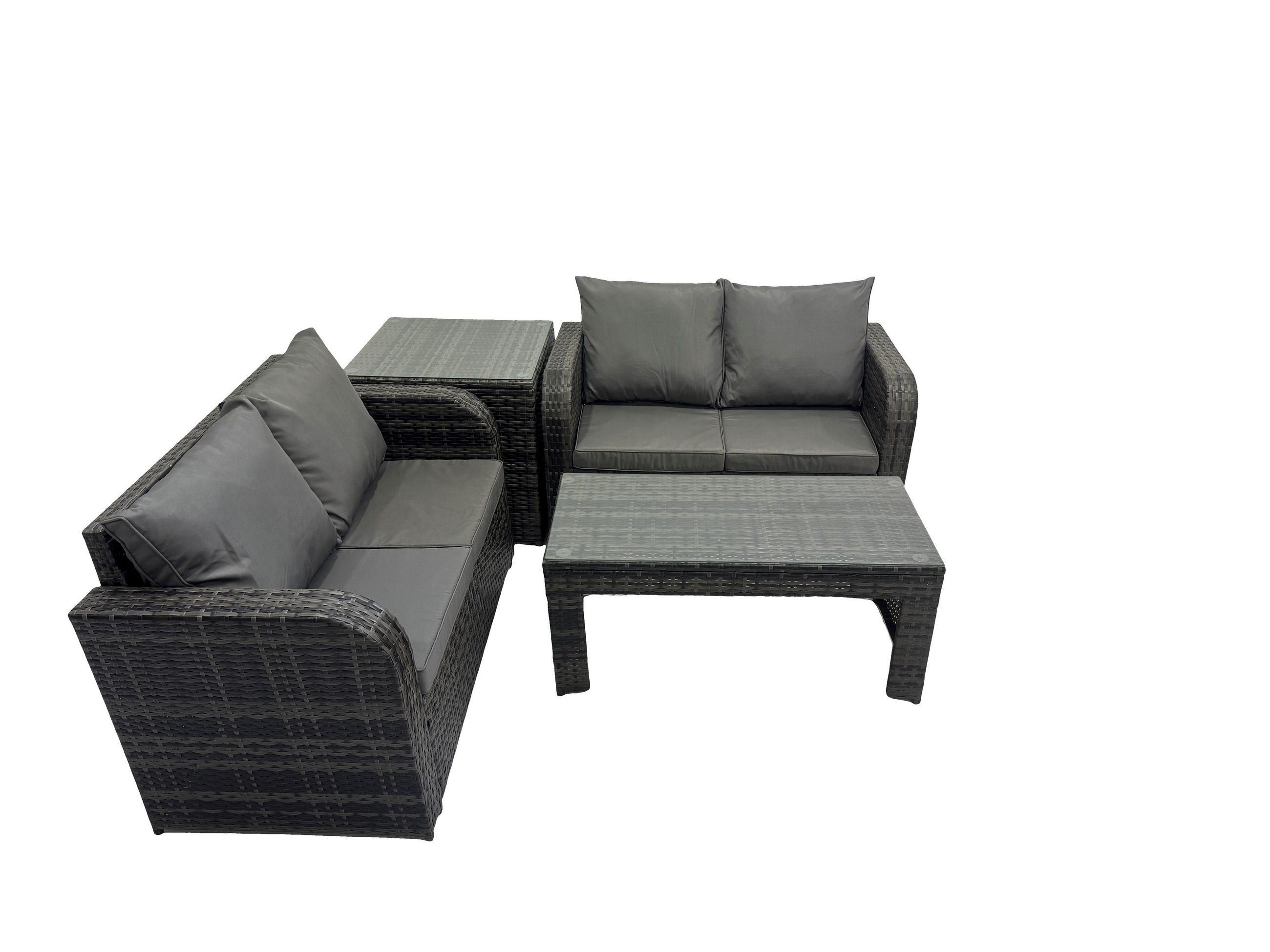 GARTENSOFA SET mit BEISTELLTISCH COUCHTISCH Polyrattan 4-Sitzer - Dunkelgrau/Grau, Glas/Kunststoff - Fimous
