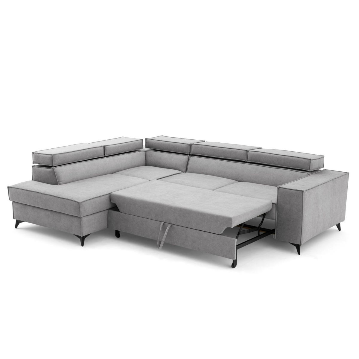 ECKSOFA PURE L Rechts mit Schlaffunktion 127x199 Velours Hellgrau - Hellgrau/Schwarz, Holz/Textil (204/281cm) - Muffo