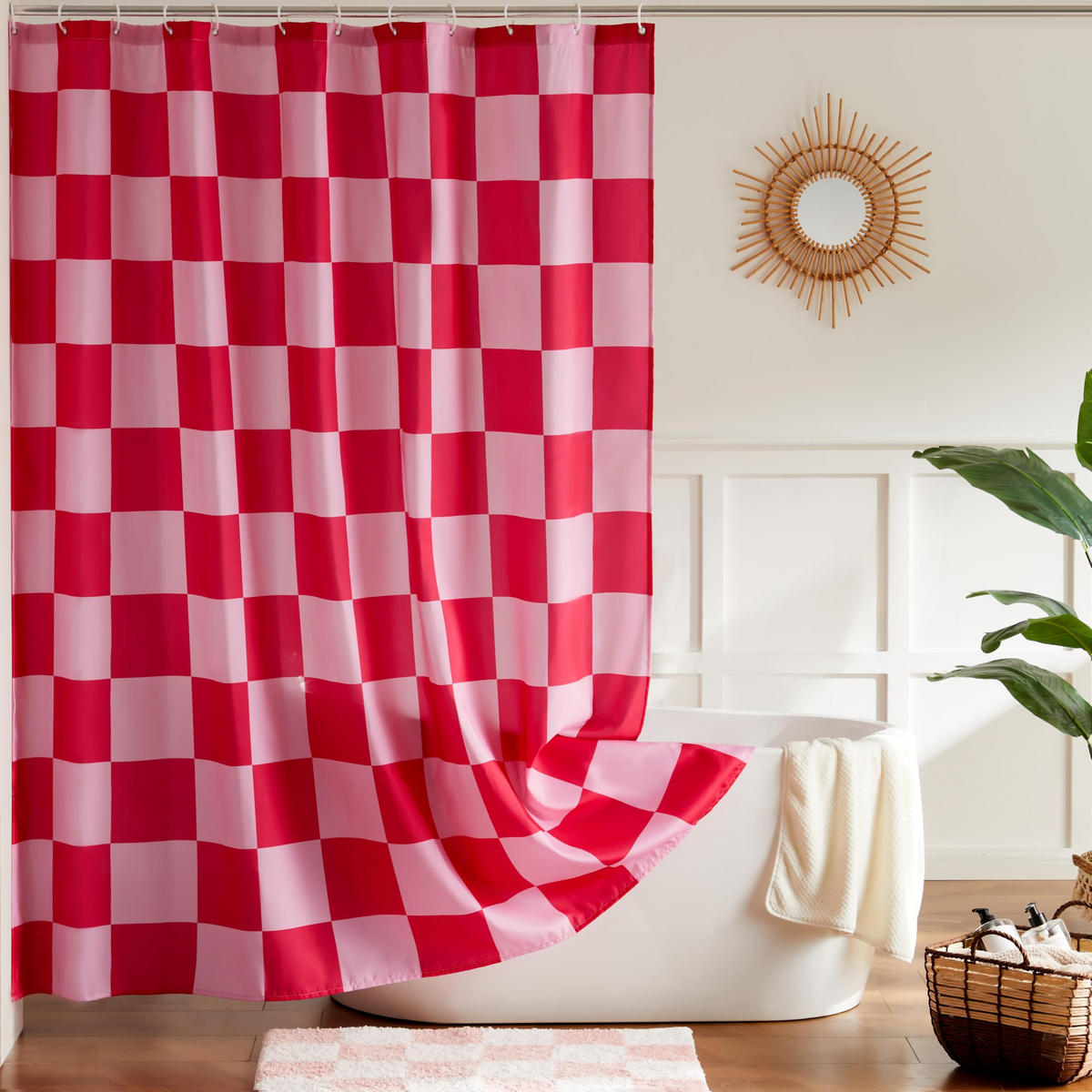 DUSCHVORHANG Rosa Rot Schachbrettmuster kariert 180 x 180 cm waschbar Retro Badezimmer - Rot, Textil (180/180cm) - MCBOSON
