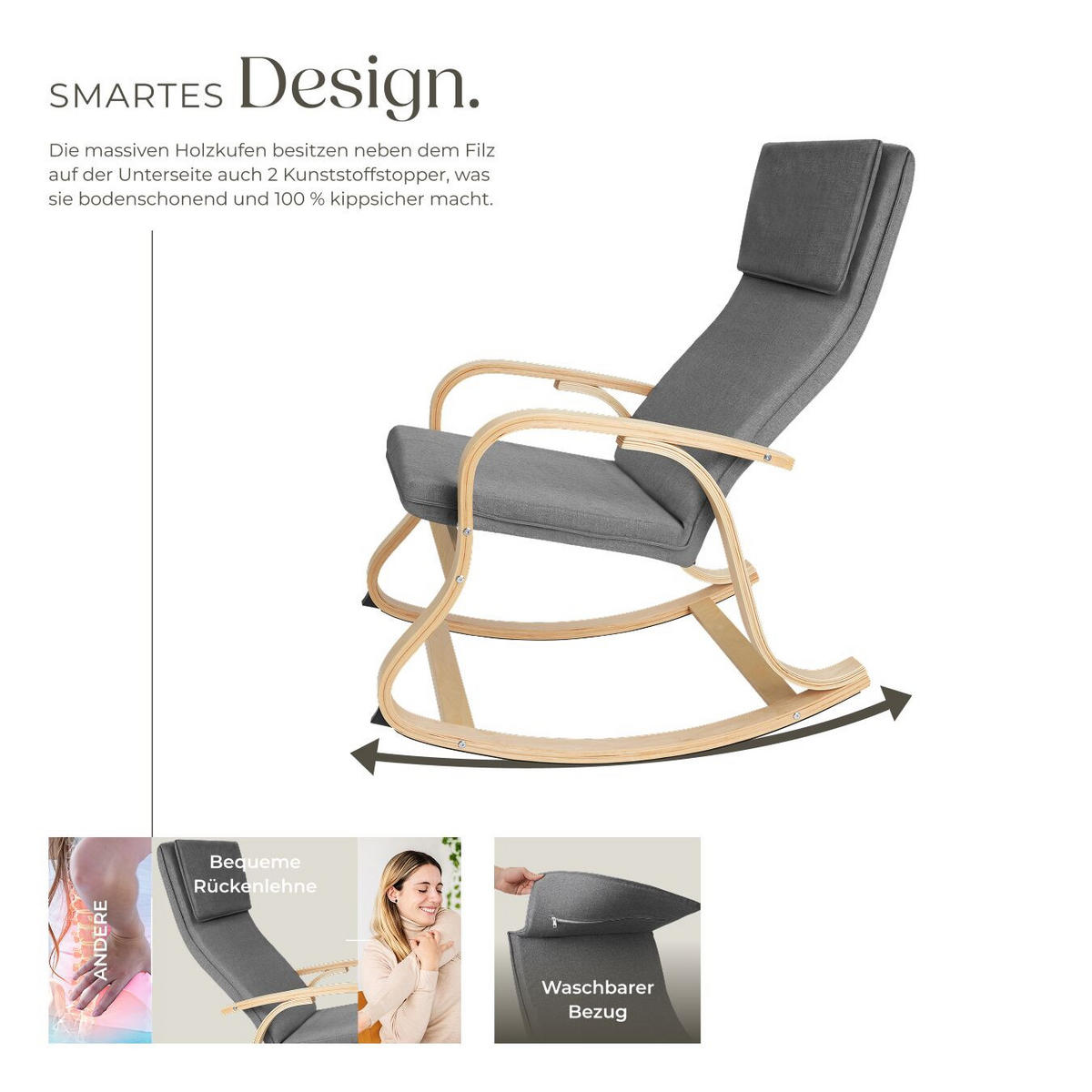 SCHAUKELSTUHL Roca,65 x 94 x 100 cm,hellgrau - Hellgrau, Holz (65/100/94cm) - tectake