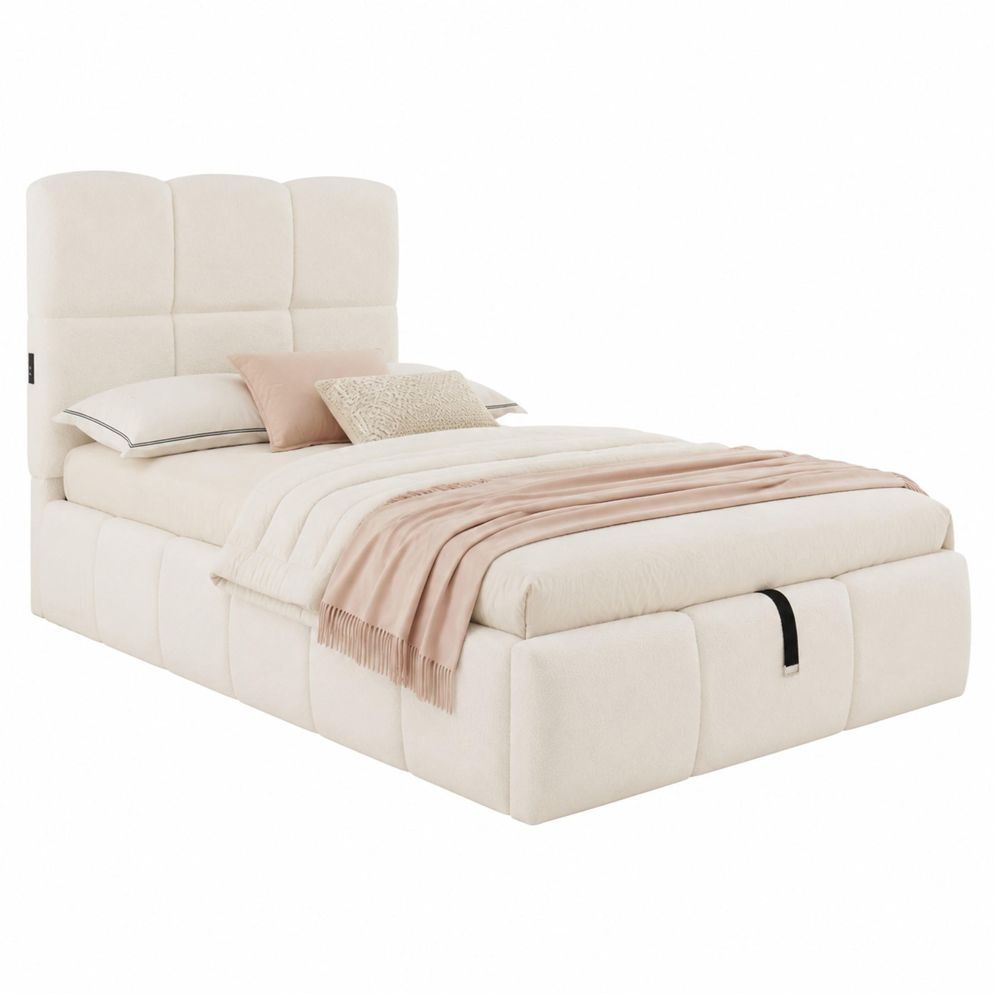 BETT mit Stauraum und USB 90x200 cm Bouclé Beige - Beige, Metall (90/200cm) - Meubliv