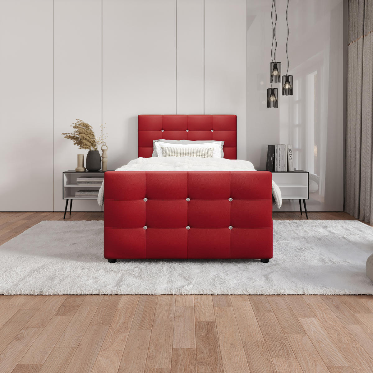 BOXBETT KLEO 100x200, mit Matratze H3 und Topper, Madryt 160 - Rot, Holz/Kunststoff (100/200cm) - Bedante
