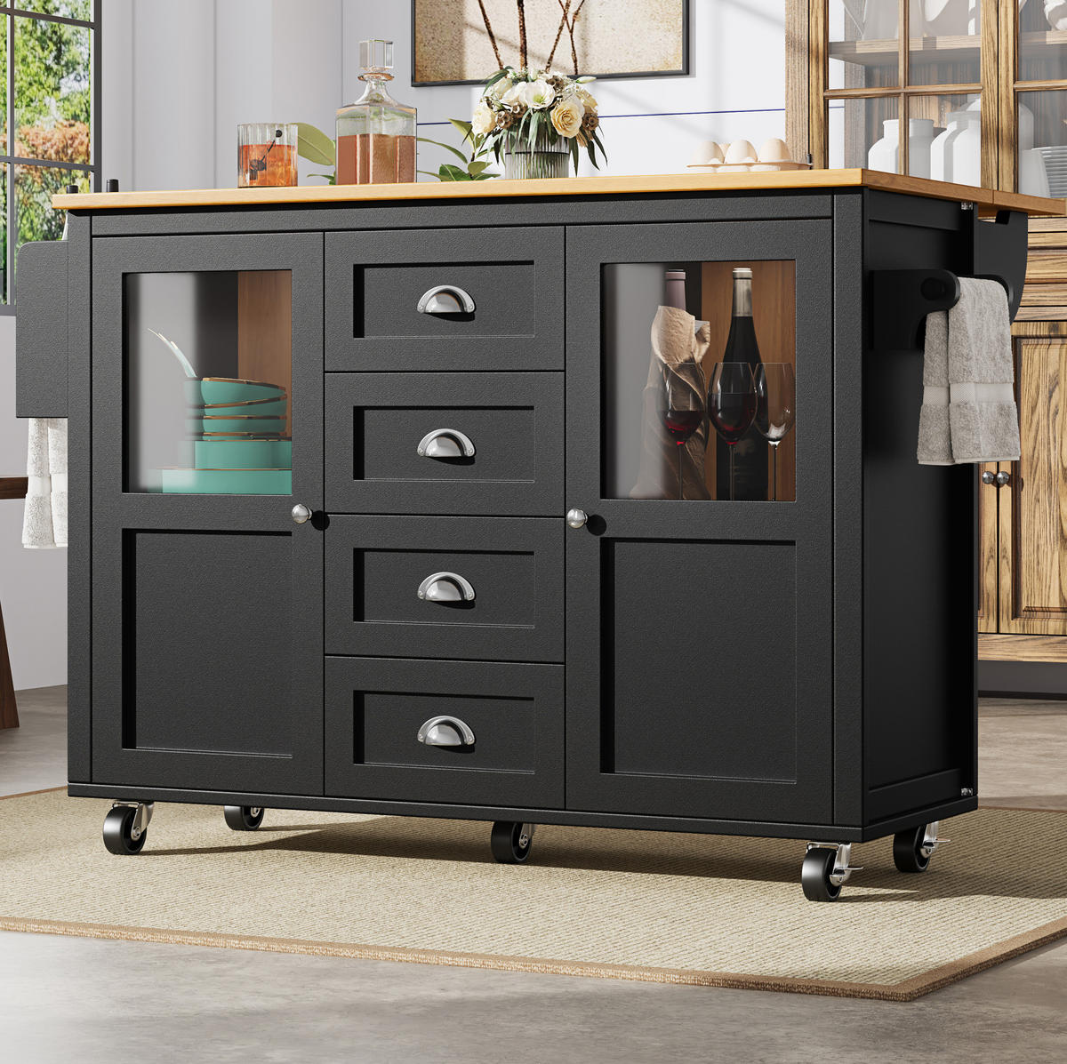 KÜCHENINSEL mit Klapptisch 137,9 x 73 x 92,5 cm Schwarz - Schwarz, Metall (73/92.5/137.9cm) - Beauniv