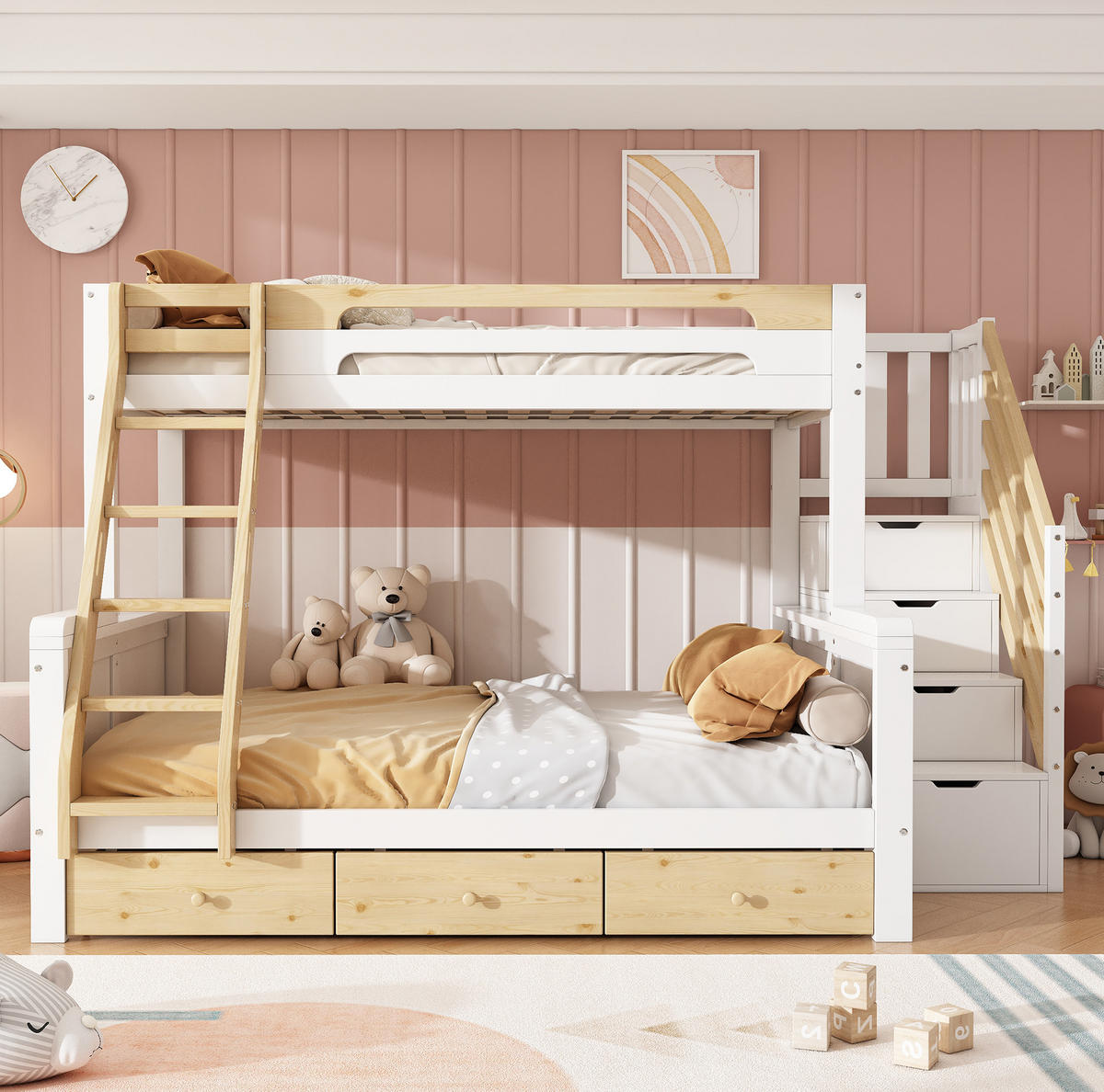 ETAGENBETT aus Massivholz 90x200/140x200 cm Weiß Natur mit Stauraumtreppe, Leiter und 3 Bettkästen - Weiß, Holz (90/200cm) - Modfu