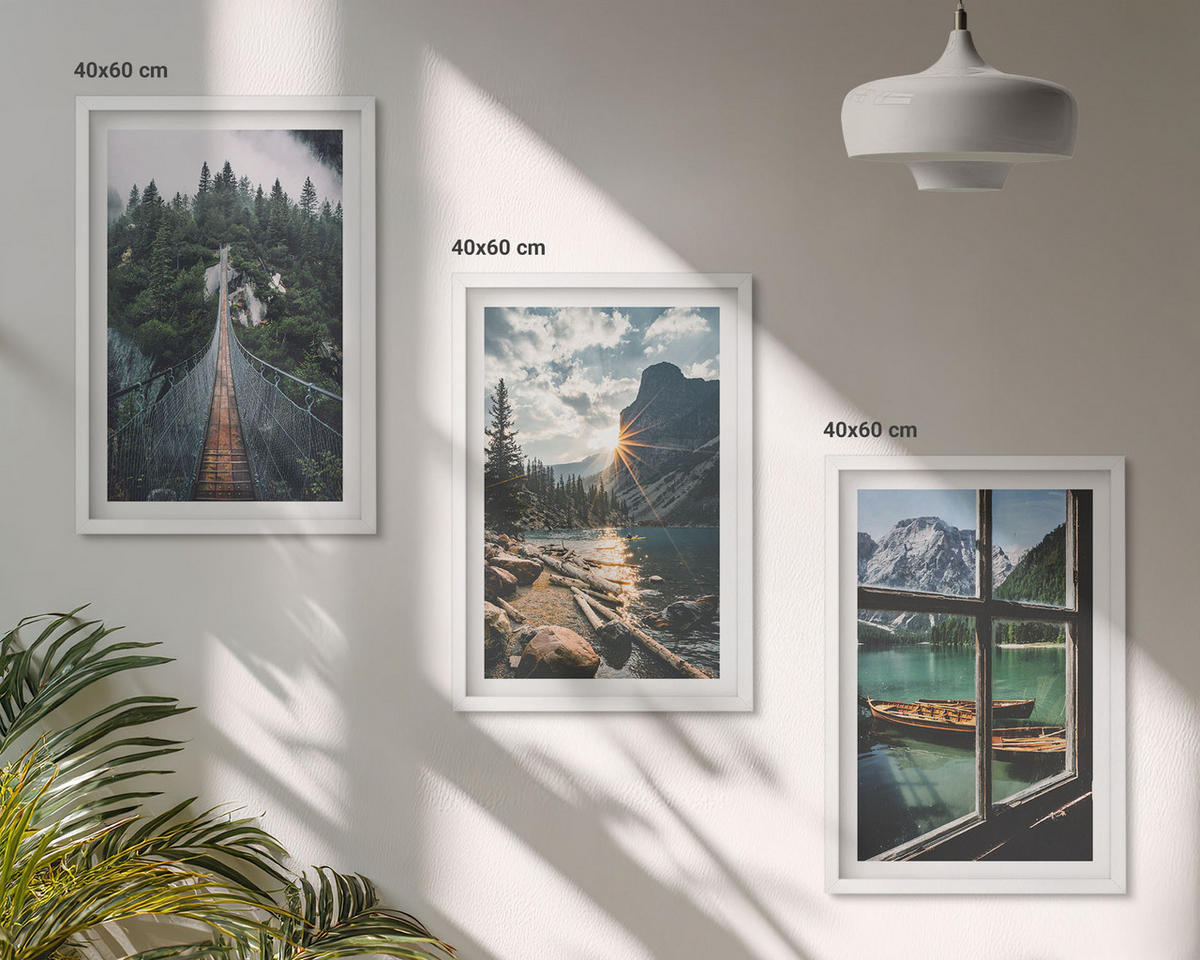 BILDER SET 3er Set - 40x60 cm Weißer Rahmen - Brücke, Wald, See, Boote, Berge - Weiß, Kunststoff (40/60cm) - TULUP
