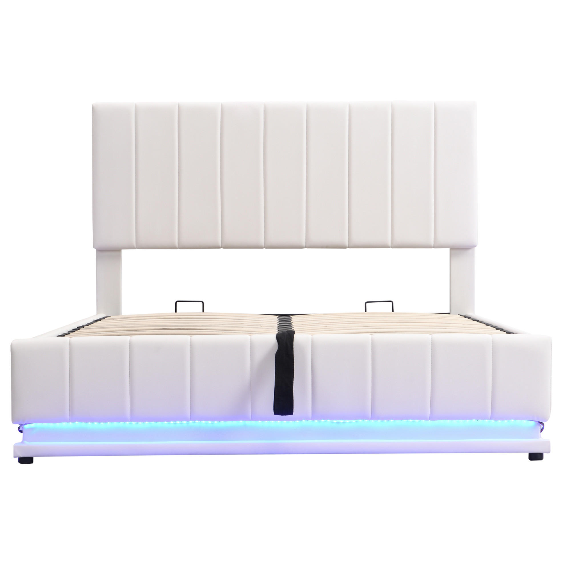ČALÚNENÁ posteľ z umelej kože 140x200 cm biela s LED osvetlením, hydraulickým úložným priestorom a zvýšenou nosnosťou - biela, textil (140/200cm) - Modfu