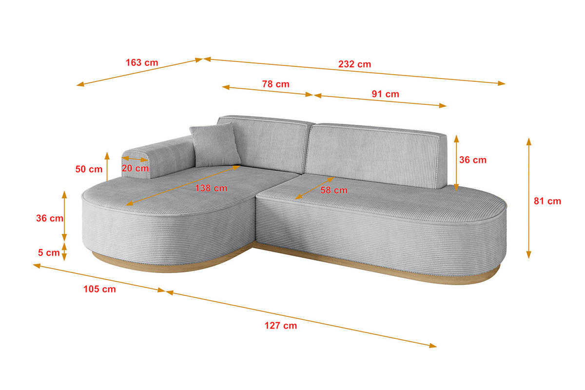 ECKSOFA Ottomane Links MARI-L1-v2 - 243x171x83 cm Grau Cord - Grau, Holzwerkstoff/Textil (243/171cm) - ALTDECOR