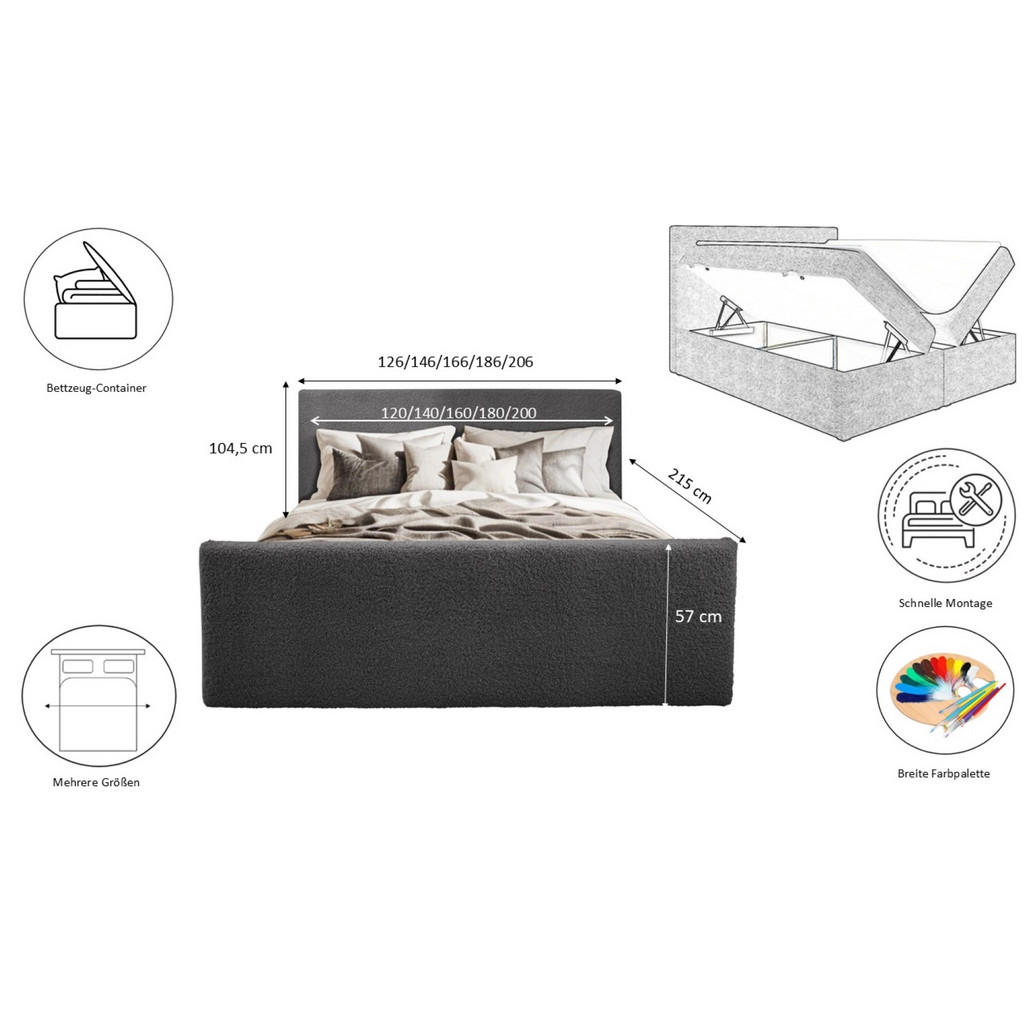 Thumbnail - Kaiser Möbel Boxbett, Dunkelgrau, Holzwerkstoff, H2, 120x200 cm, Schlafzimmer, Betten, Boxspringbetten