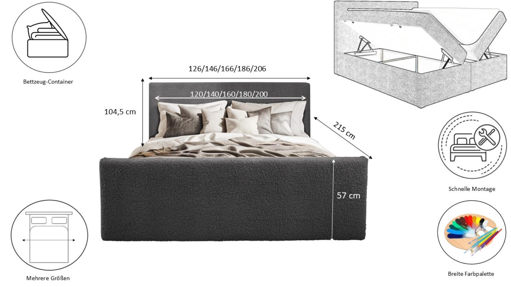 Thumbnail - Kaiser Möbel Boxbett, Dunkelgrau, Holzwerkstoff, H3, 120x200 cm, Schlafzimmer, Betten, Boxspringbetten