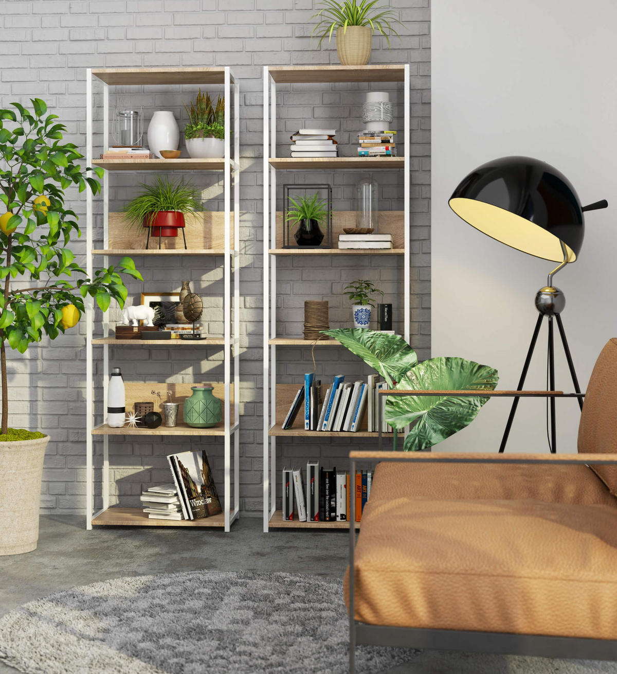 LOFT-REGAL Weiß, Sonoma Eiche 60x192x32 cm - Weiß/Sonoma Eiche, Holzwerkstoff/Metall (60/192/32cm) - Akord