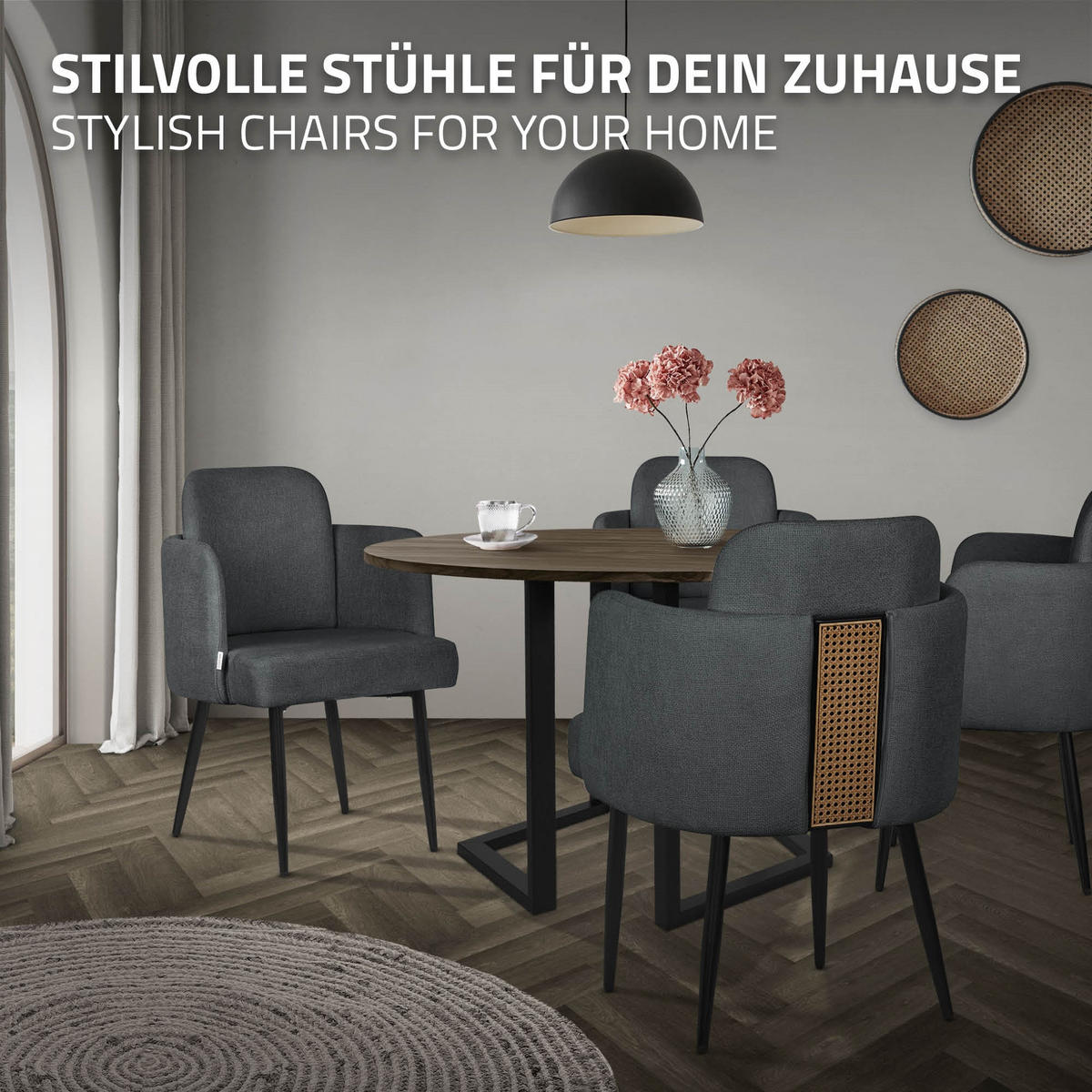 ESSZIMMERSTÜHLE 2er Set Anthrazit mit Stoffbezug Rattan Optik - Anthrazit/Schwarz, Textil/Metall (59/86/59cm) - ML-DESIGN