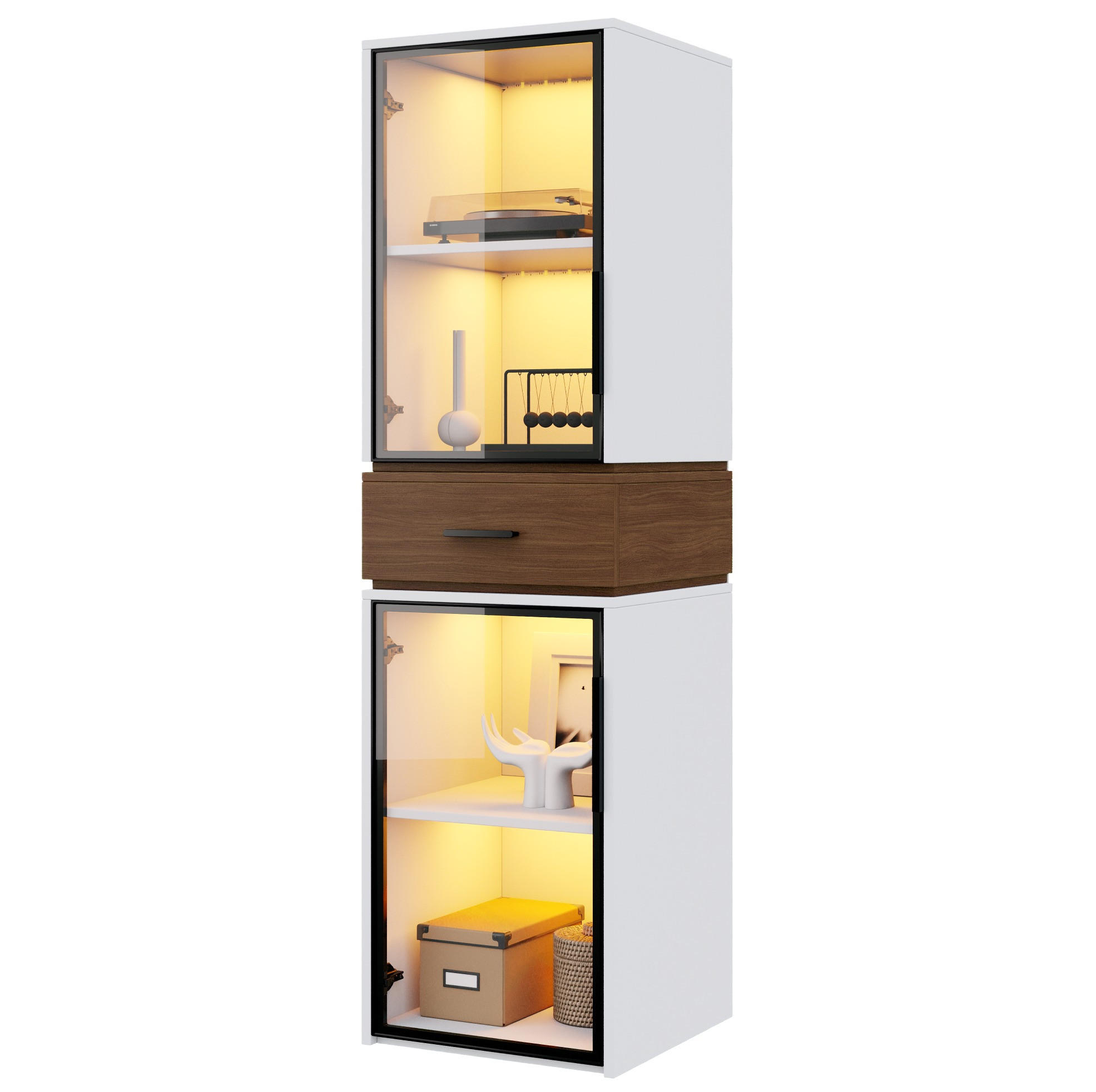 HIGHBOARD mit Glastüren und LED 40/40/200 cm in Weiß mit Schublade - Weiß, Holzwerkstoff (40/200/40cm) - BEAOK