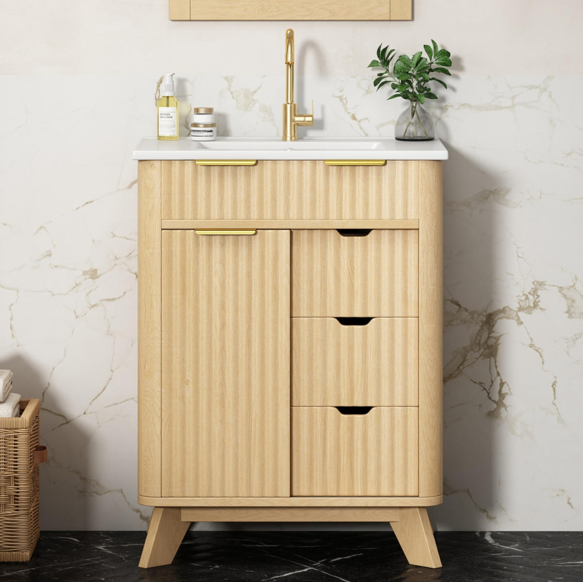 WASCHTISCHKOMMODE aus MDF und Keramik 61x47x90 cm Naturholz mit Schiebetür, 3 Schubladen und Keramikwaschbecken - Eichefarben, Keramik (61/90/47cm) - Modfu