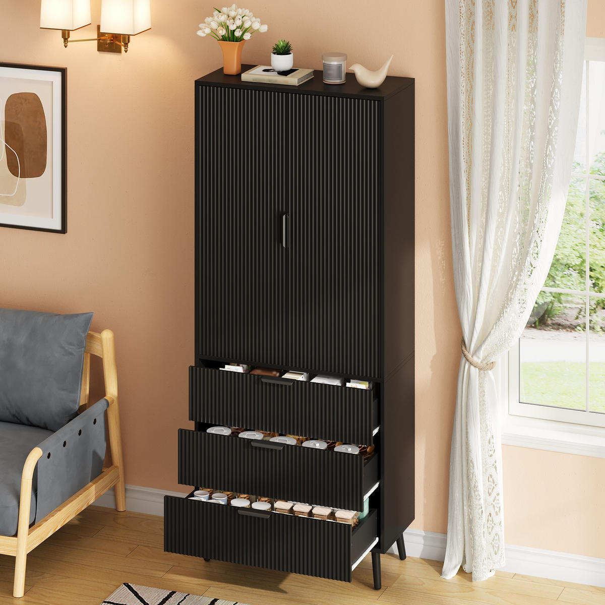 HIGHBOARD DE-38756 75/35/180 cm 2 Türen und 3 Schubladen Schwarz - Schwarz, Holzwerkstoff (75/180/35cm) - ComfortXL