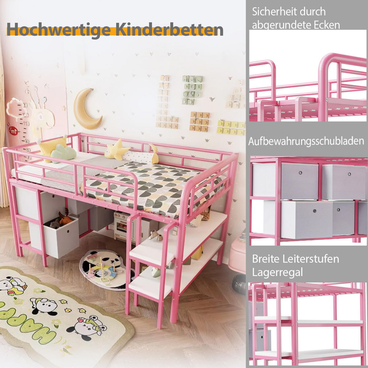 HOCHBETT 90/200 cm in Rosa mit Stauraum und breiten Stufen - Rosa, Metall (90/200cm) - BEAOK
