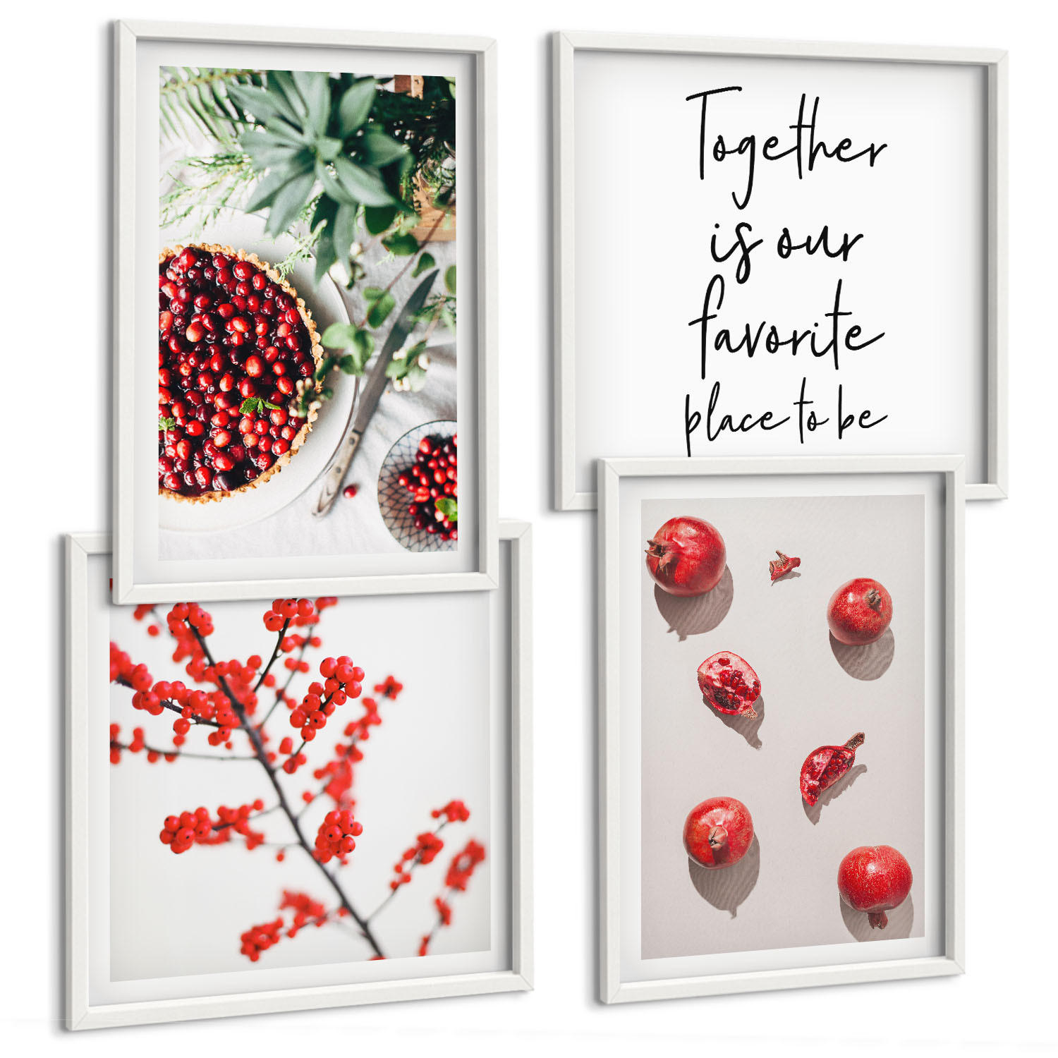 BILDER SET 4er Set - 50x50 cm & 40x60 cm Weißer Rahmen - Minimalismus der roten Früchte von Pflanzen - Weiß, Kunststoff (50/50cm) - TULUP