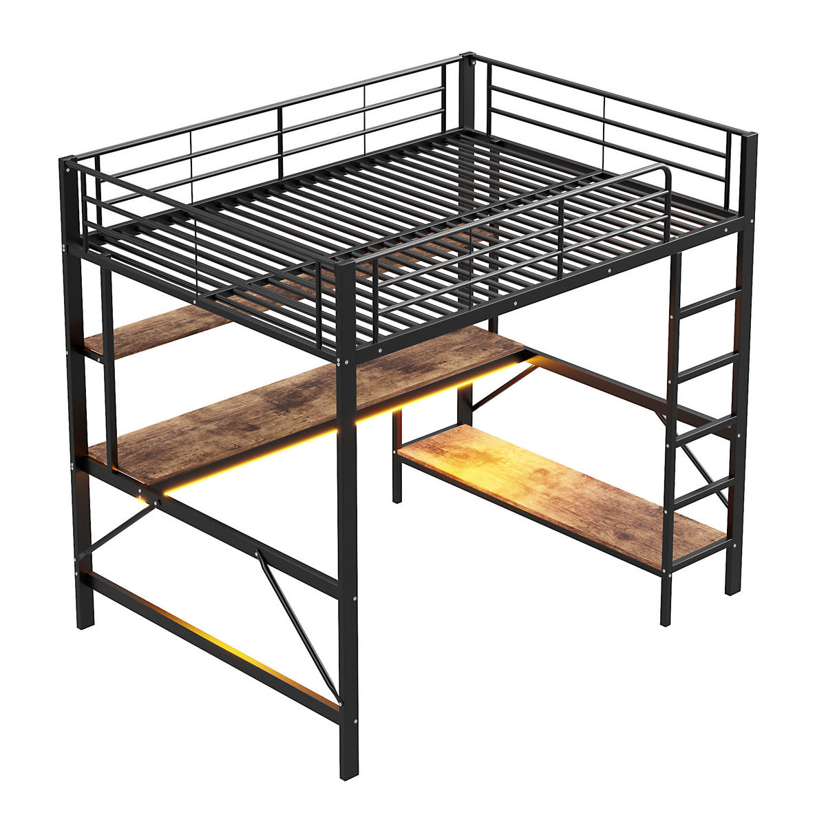 HOCHBETT 140/200 cm schwarz mit USB- und Steckdosenanschlüssen LED-Beleuchtung und Schreibtisch - Schwarz, Metall (140/200cm) - OKWISH