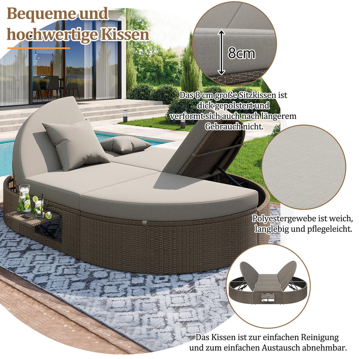 DOPPELLIEGE, 2 Personen, Verstellbar, Rattan, Klapptisch, Grau - Grau, Metall (140.5/41.9/199.9cm) - FLIEKS