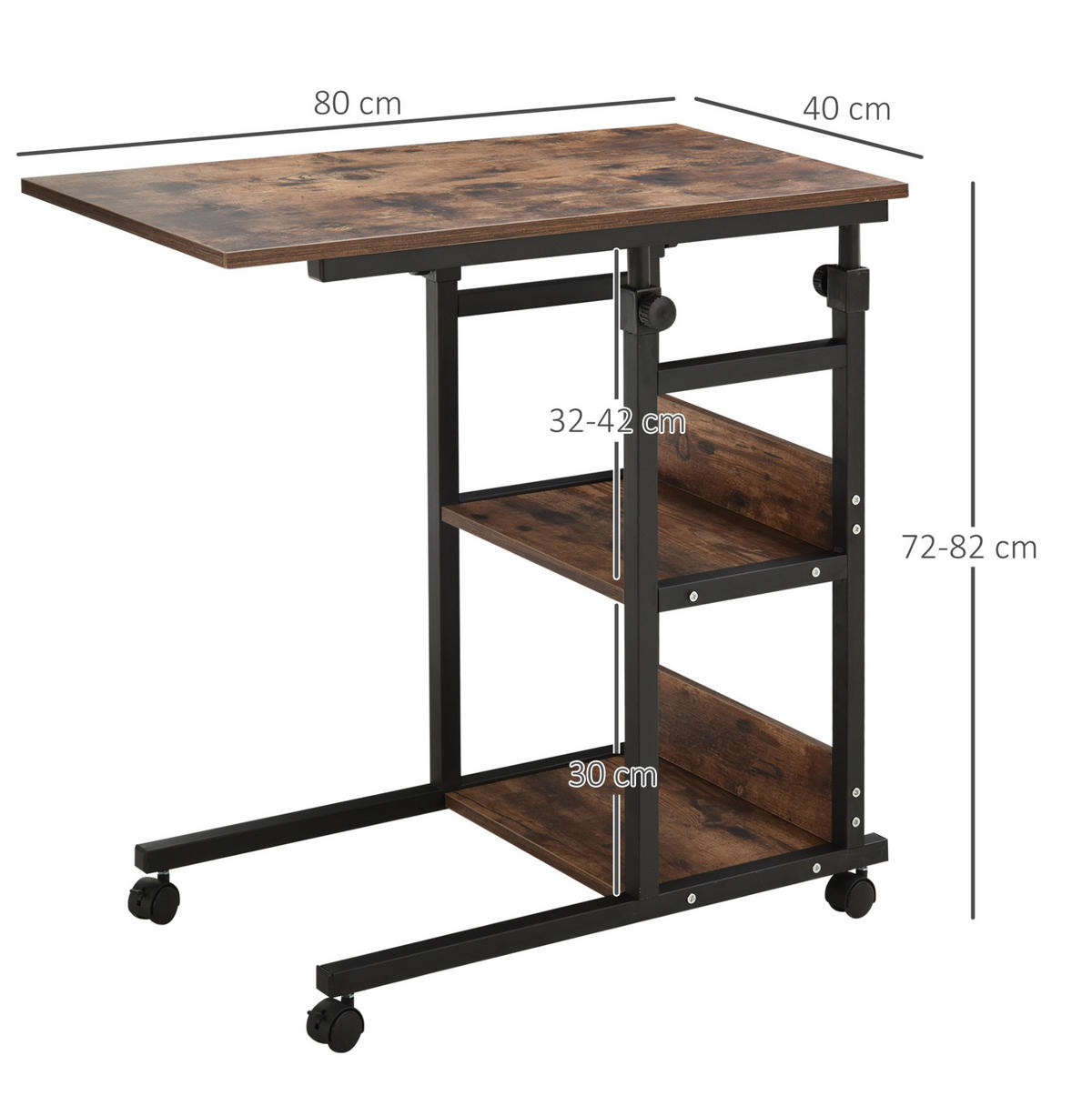 BEISTELLTISCH 80/72-82/40 cm Braun aus Metall und Holzwerkstoff mit Rollen - Braun, Metall (80/40/82cm) - OKMYHOME