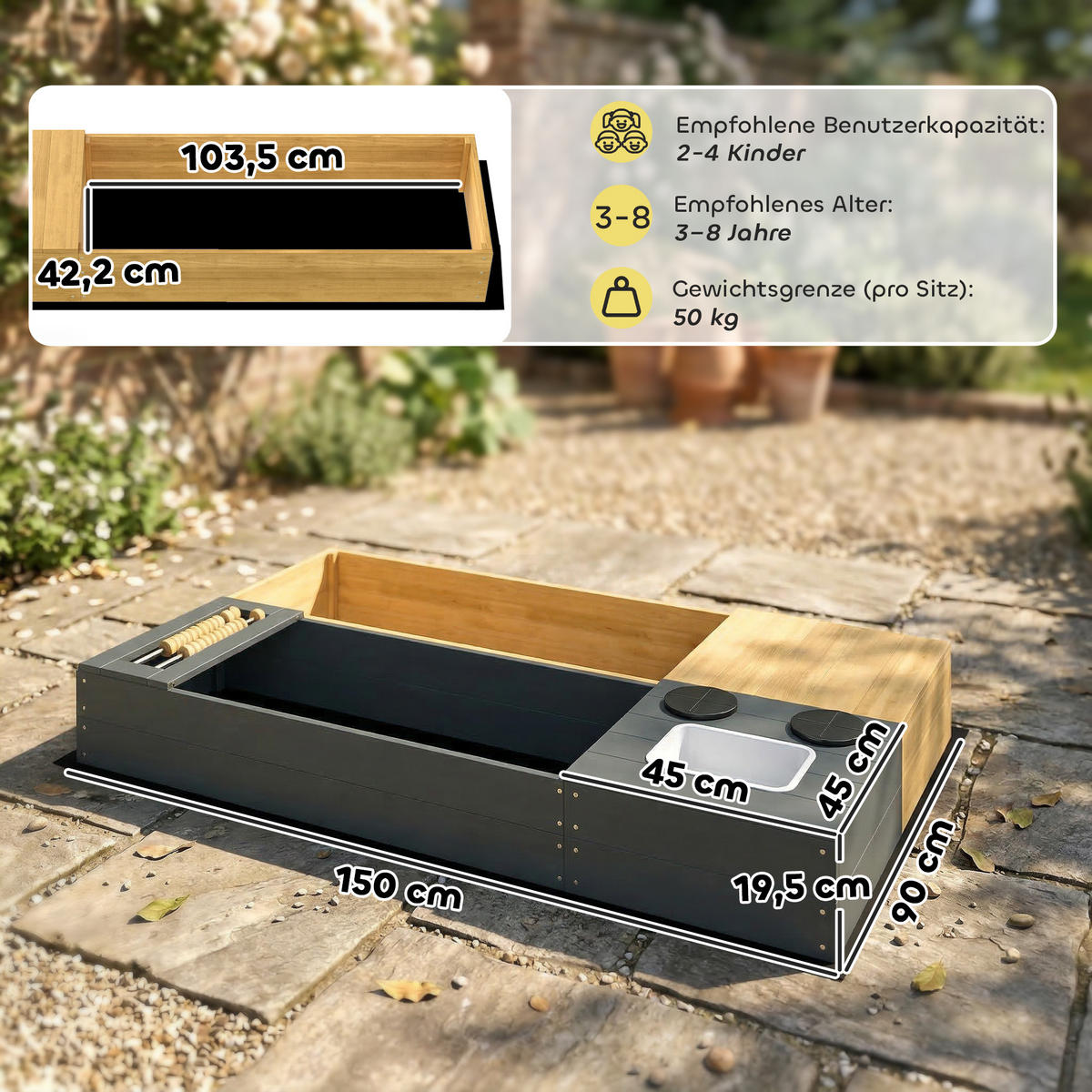 SANDKASTEN 2er Set Tannenholz Kunststoff Gelb - Gelb, Holz (150/90/19.5cm) - AIYAPLAY