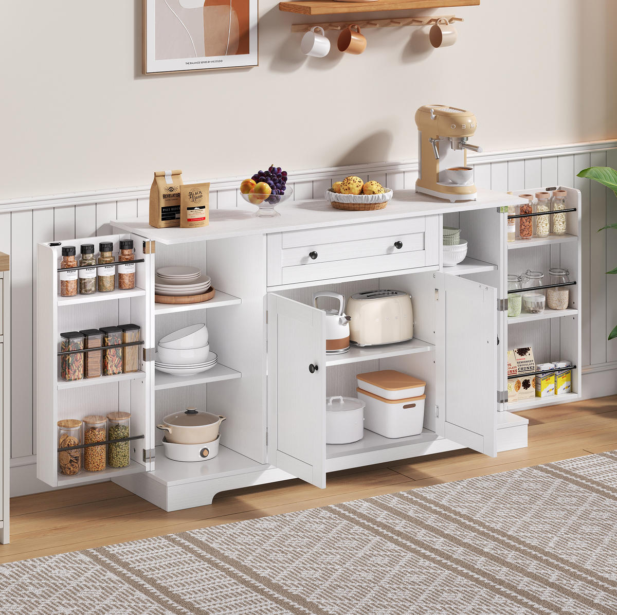 SIDEBOARD Kuchyňská , 138 cm, MDF bílý, se zásuvkou a nastavitelnými policemi - bílá, kompozitní dřevo (138/85/40cm) - Modenvie