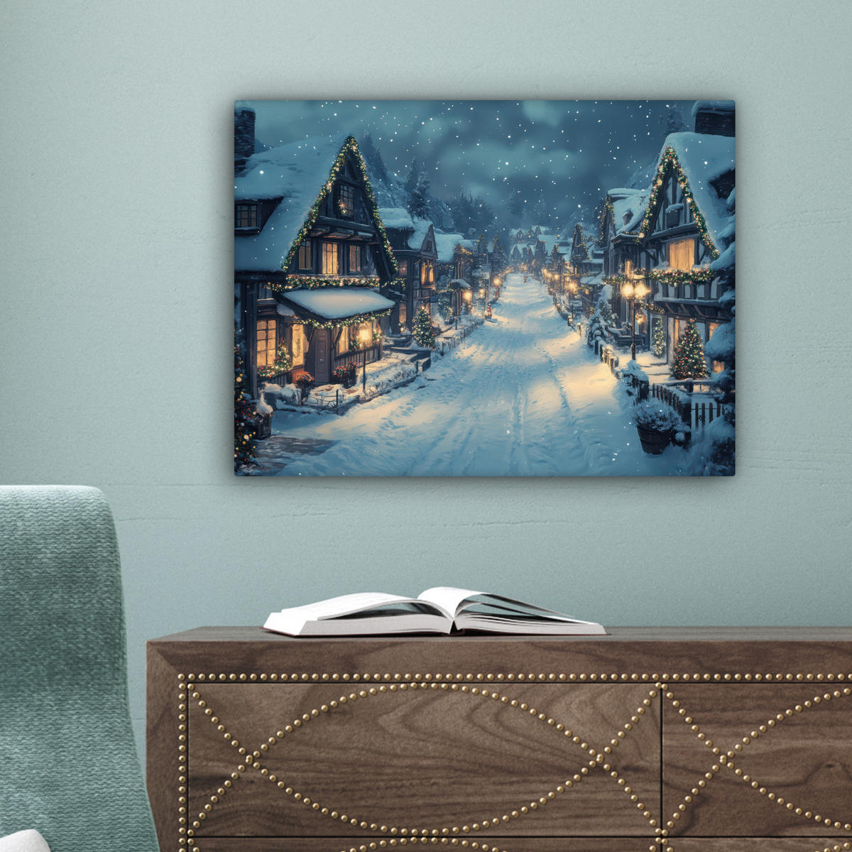 LEINWANDBILD Weihnachtsdorf - Weihnachten - Schnee - Winter 40x30 cm - Dunkelblau, Textil (40/30cm) - MuchoWow