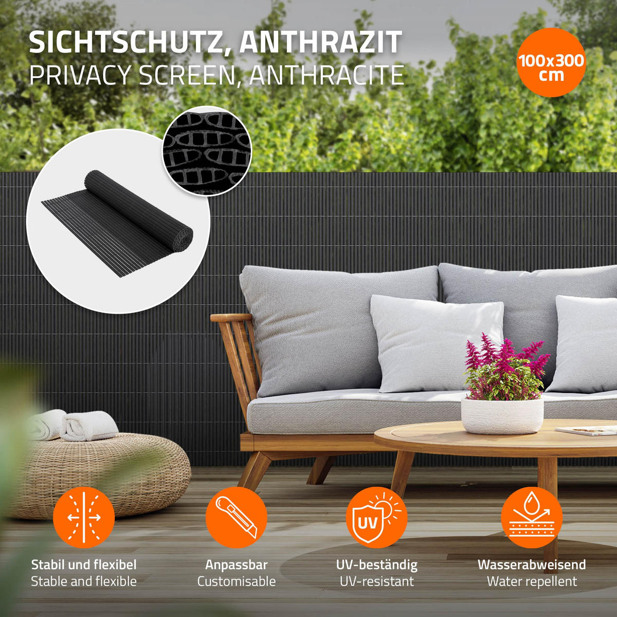 SICHTSCHUTZZAUN 300/100 cm - Anthrazit, Kunststoff (100/1.4cm) - ECD-Germany