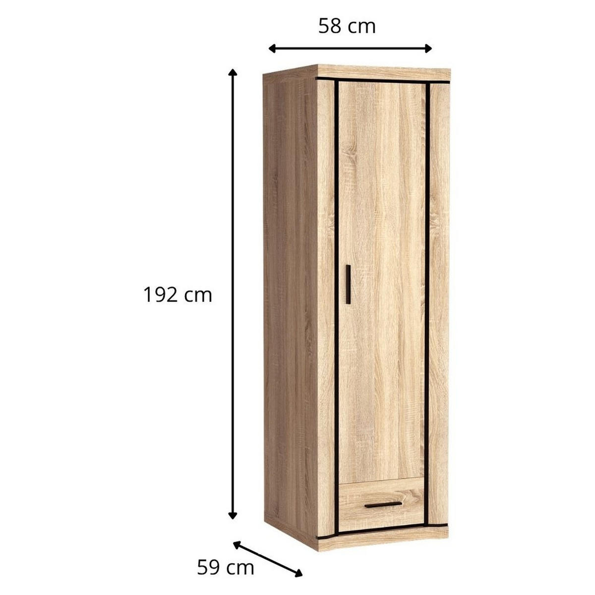 KLEIDERSCHRANK Dallas D-19 58 x 192 x 59 cm Eiche Sonoma - Sonoma Eiche, Holzwerkstoff/Kunststoff (58/192/59cm) - Koseto