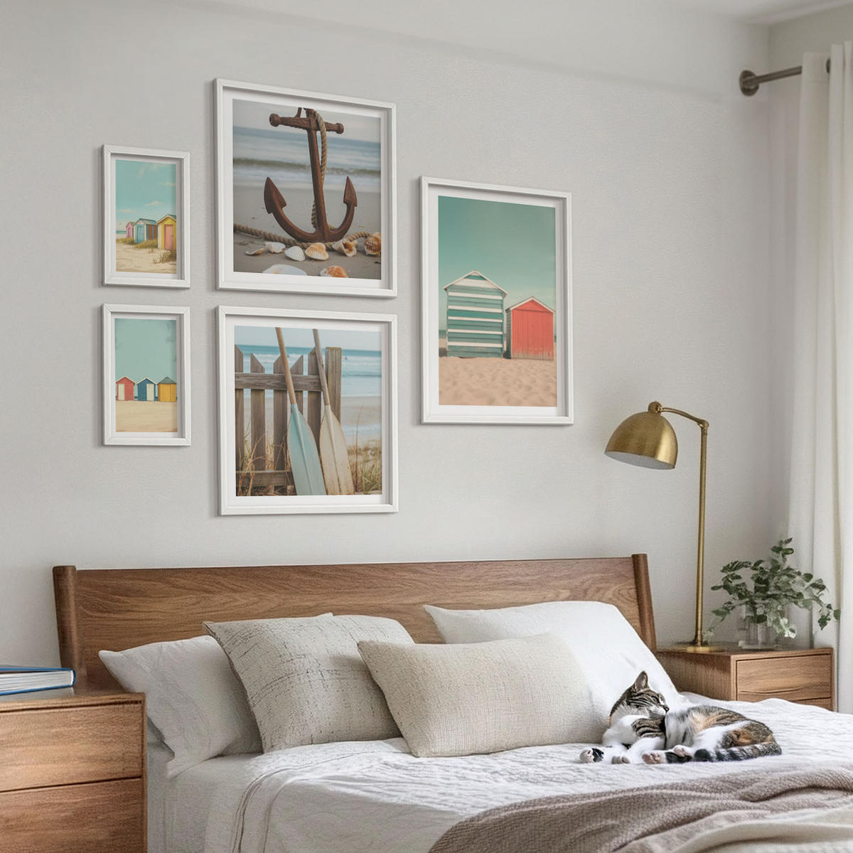 WANDBILDER 5er-Set - 50x50 cm & 20x30 cm & 40x60 cm Weißer Rahmen - Bunte Häuser, Strand, Sonne - Weiß, Kunststoff (40/60cm) - ArtPrintCave