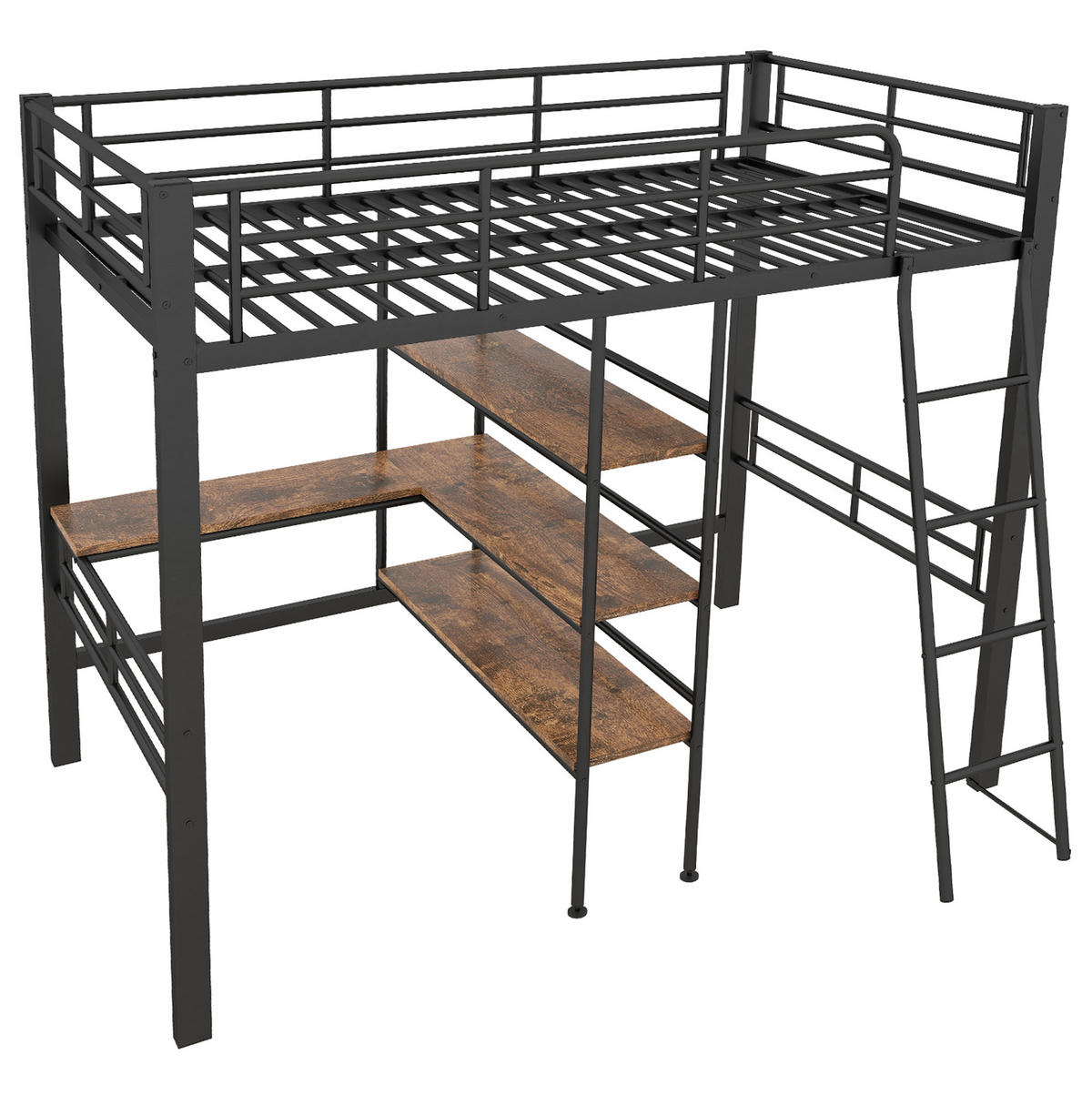 HOCHBETT aus Metall 90x200 cm in Schwarz mit Schreibtisch & Regalen - Schwarz, Metall (90/200cm) - Modfu