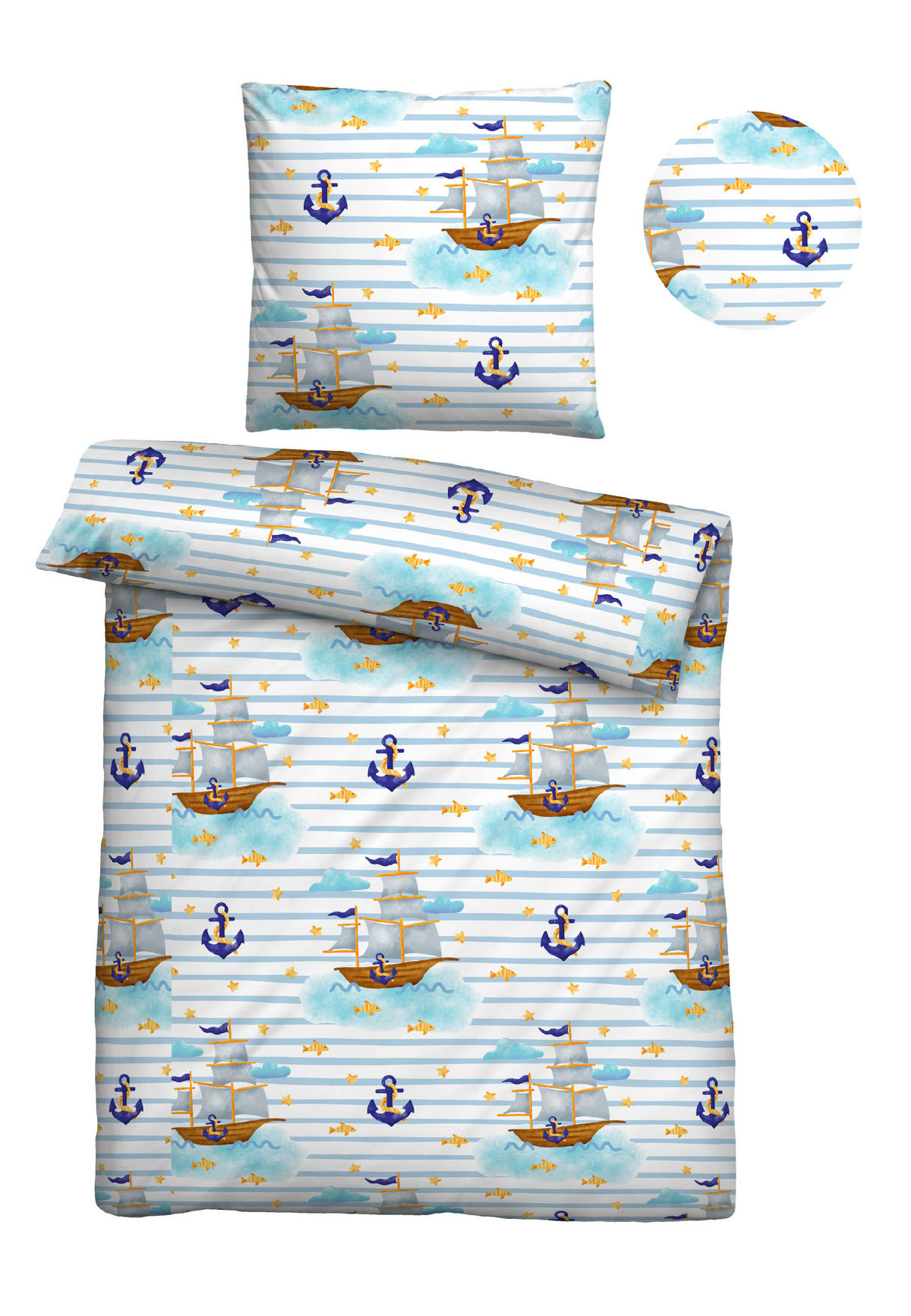 BETTWÄSCHE-GARNITUR Linon Schiffe ciel, 135x200 cm + 80x80 cm - Hellblau, Textil (135/200cm) - biberna