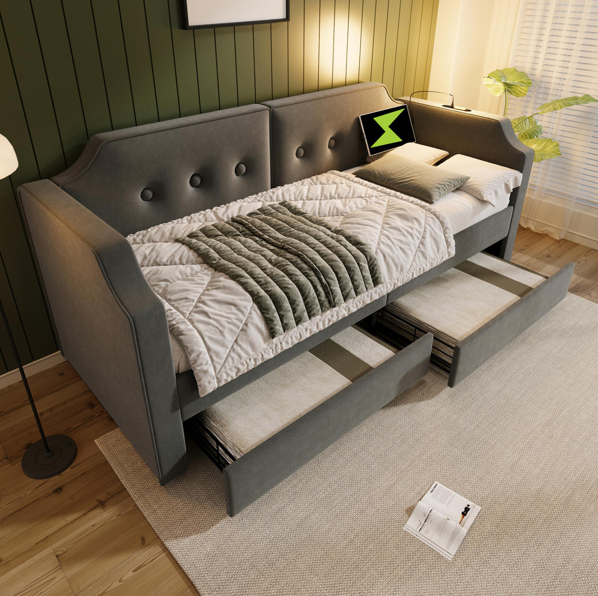 POLSTERBETT 90/200 cm Grau aus Samt mit USB-Type-C und Leselampe - Grau, Textil (90/200cm) - OKMYHOME
