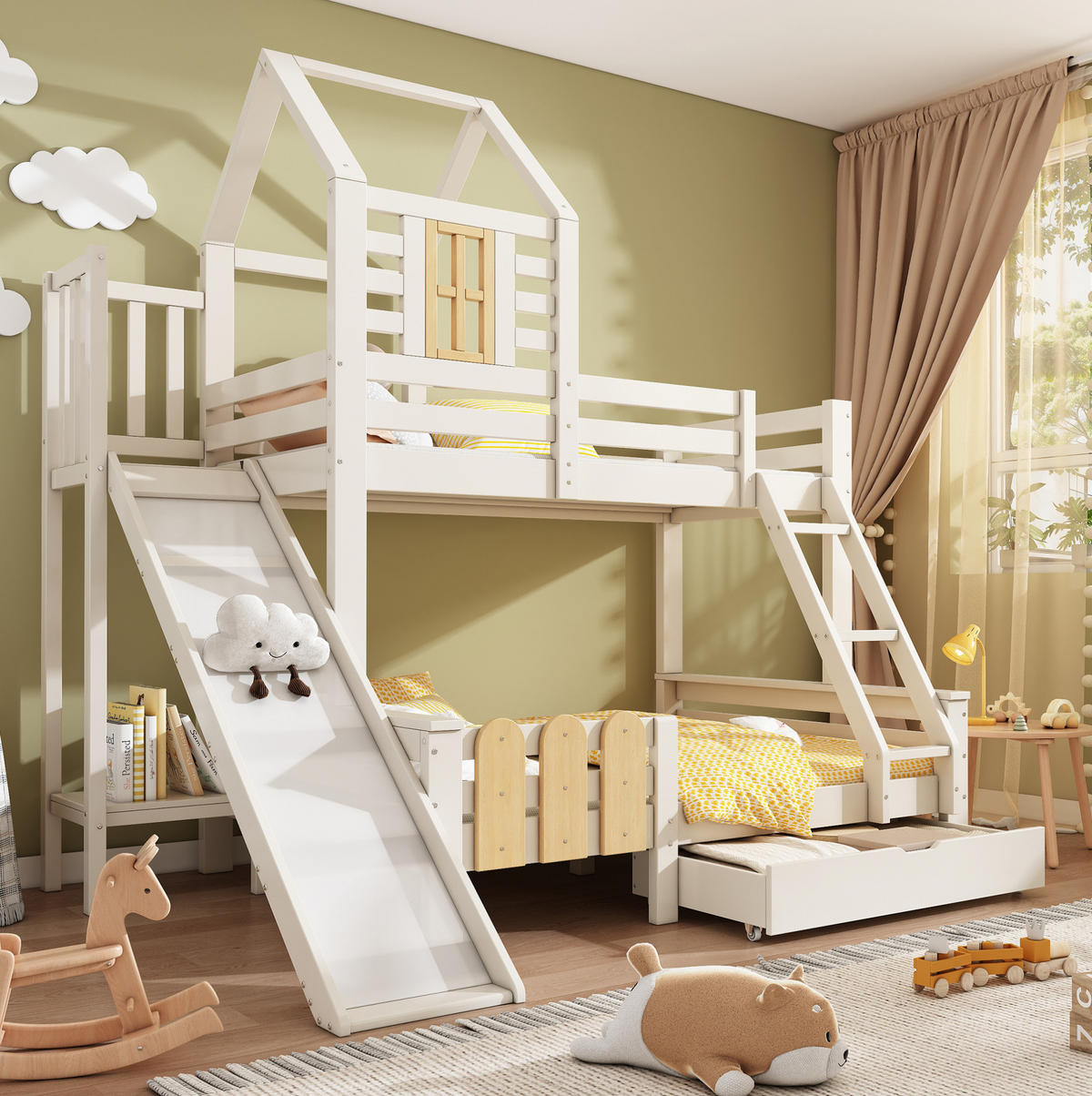 ETAGENBETT 90/140/200 cm mit Rutsche, Leiter und Schublade, Blockhaus-Optik und Metall, Weiß/Natur - Weiß, Metall (90/200cm) - Redom