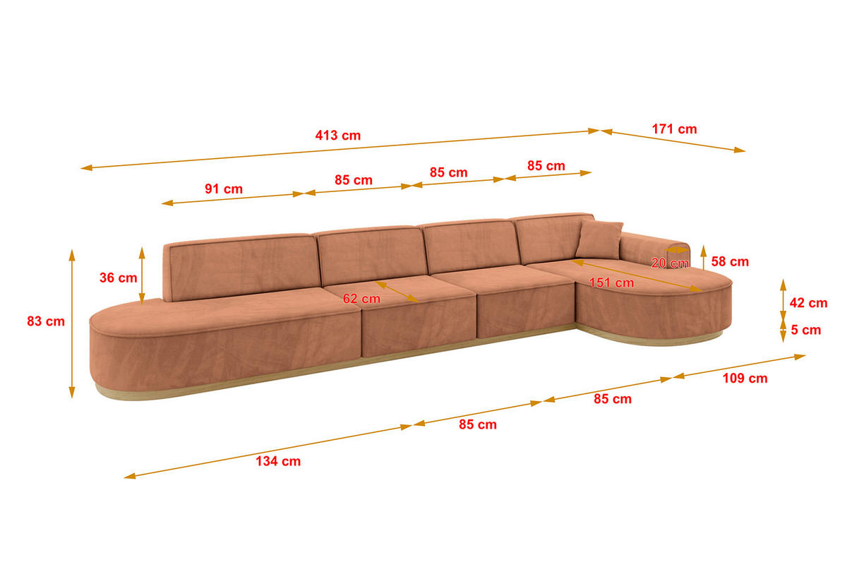 ECKSOFA Ottomane Rechts MARI-L3-v2 - 413x171x83 cm Orange Velours - Orange, Holzwerkstoff/Textil (171/413cm) - ALTDECOR