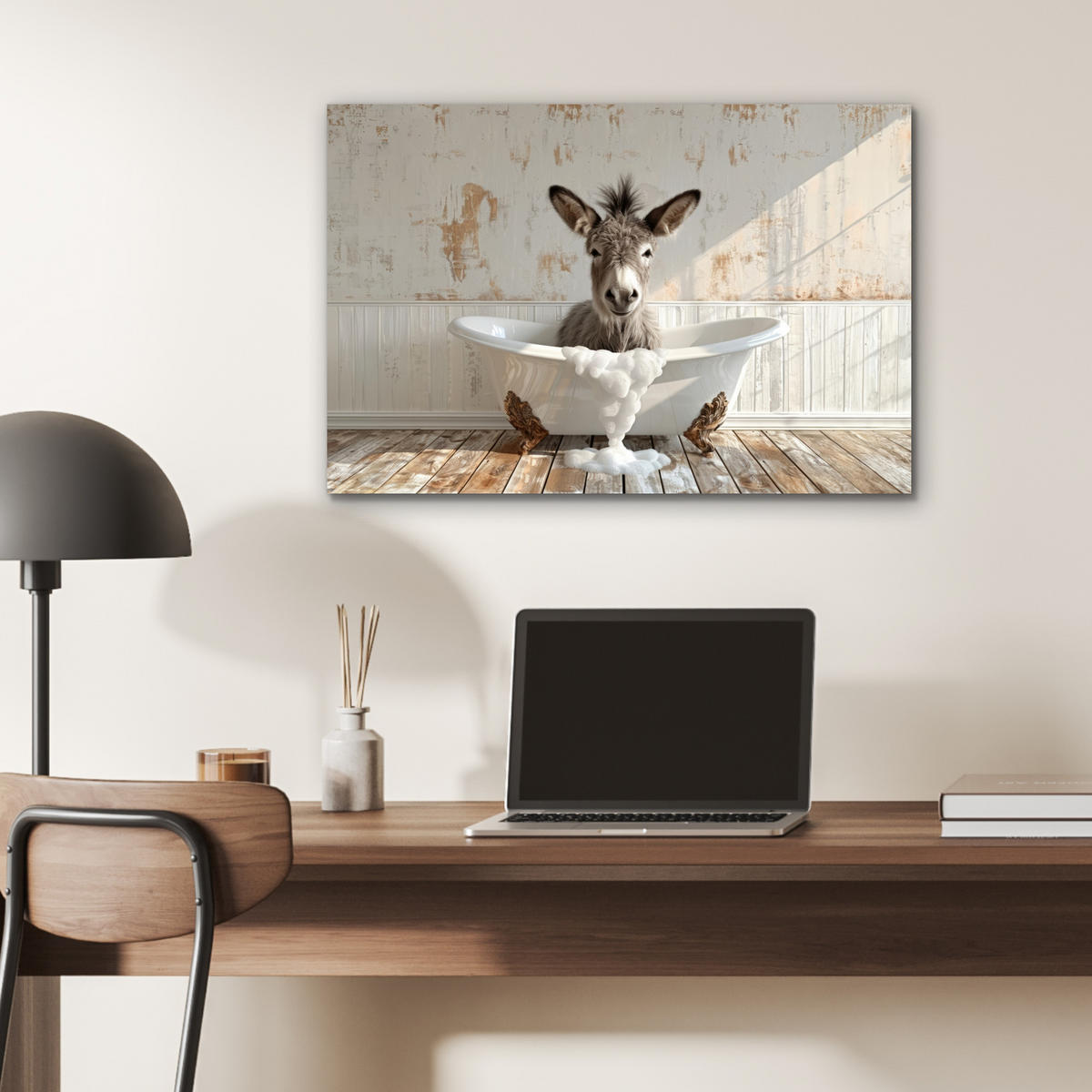 METALLBILD Esel - Tiere - Badewanne - Schaumstoff 60x40 cm - Weiß, Metall (60/40cm) - MuchoWow