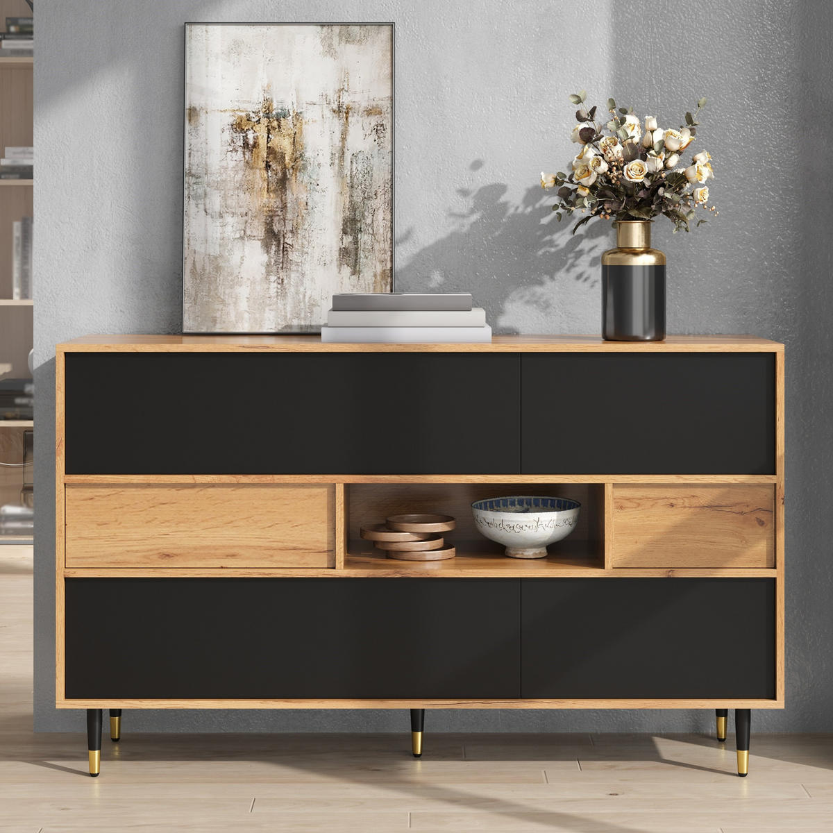 SIDEBOARD Holz Schwarz 2 Schubladen Türen Mittelfach Modern - Multicolor, Holzwerkstoff (140/84.5/40cm) - FLIEKS