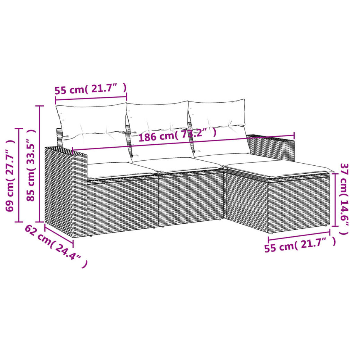 GARTEN-SOFAGARNITUR 4-TLG. Mit Kissen Grau Poly Rattan - Grau, Kunststoff (62/69/55cm) - vidaXL