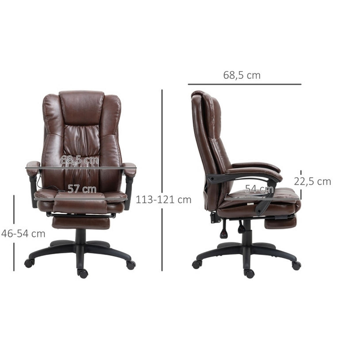 CHEFSESSEL 68,5/113-121/68,5 cm Braun aus Kunstleder mit Massagefunktion - Braun, Kunststoff (68.5/121/68.5cm) - OKMYHOME