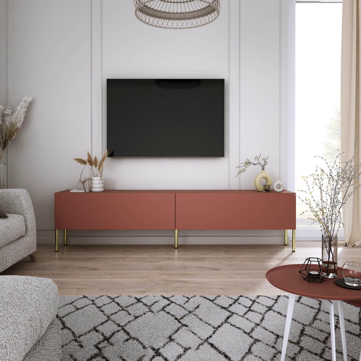 TV-SCHRANK : Ziegelrot, 170 x 52 x 32 cm, Goldene Beine - Rot/Goldfarben, Holzwerkstoff/Metall (170/52/32cm) - 3XE LIVING