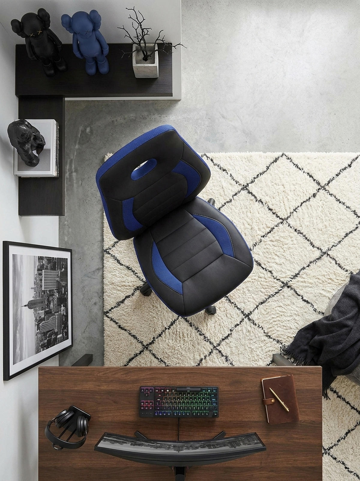 JUGENDDREHSTUHL Hohe Rückenlehne Schulterstütze Kunstleder Mesh, Blau 63x63x103 cm - Blau/Schwarz, Kunststoff/Textil (63/103/63cm) - KADIMA DESIGN