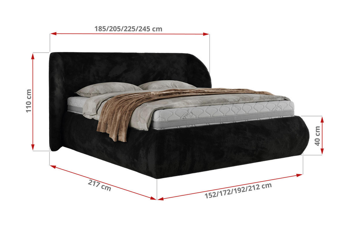 POLSTERBETT CAELA CLASSIC 140/200 - Schwarz Plüsch - Multipocket-Matratze - Schwarz, Textil (140/200cm) - MKS