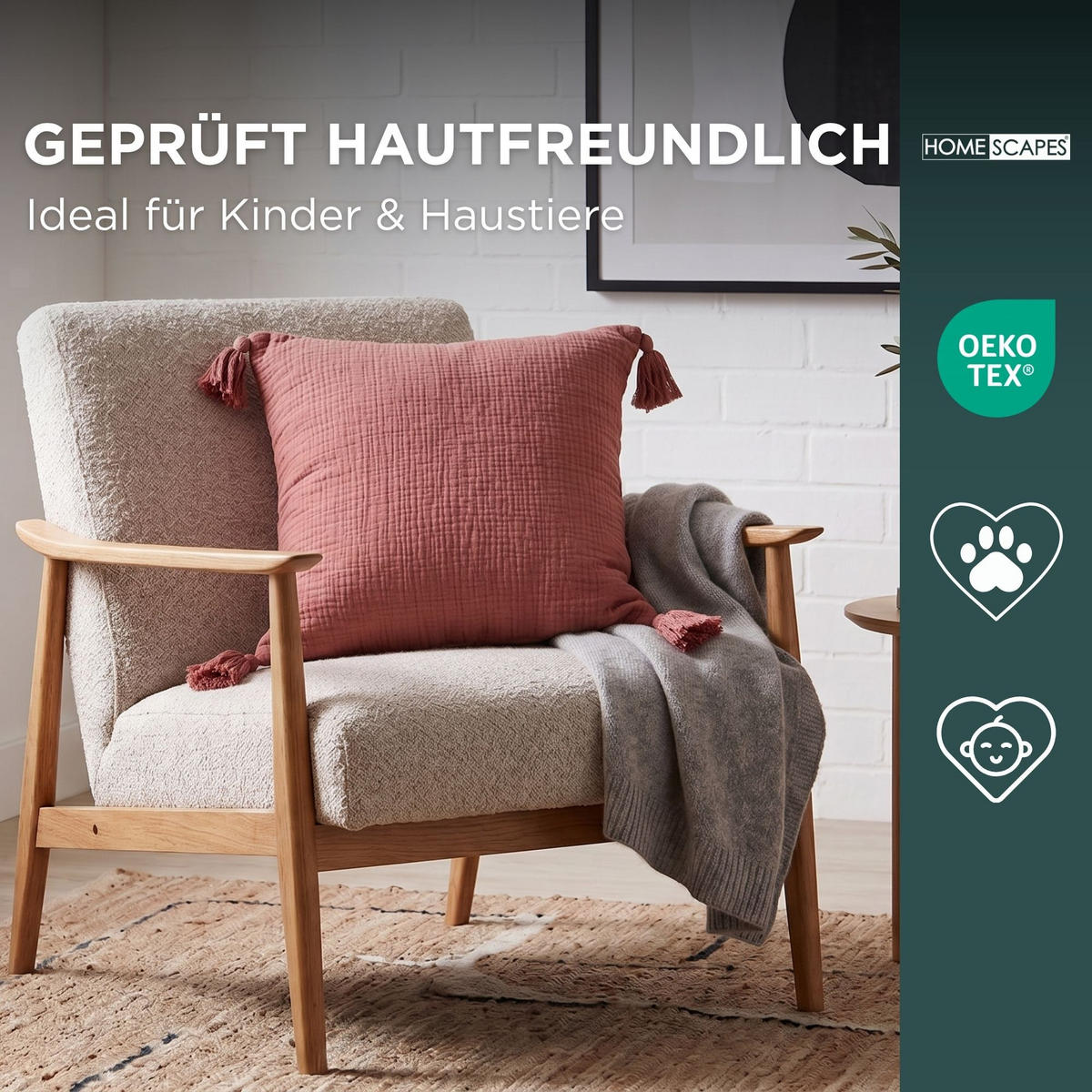 DEKOKISSEN Musselin rosa mit Quasten, 45/45 cm - Rosa, Textil (45/45cm) - Homescapes
